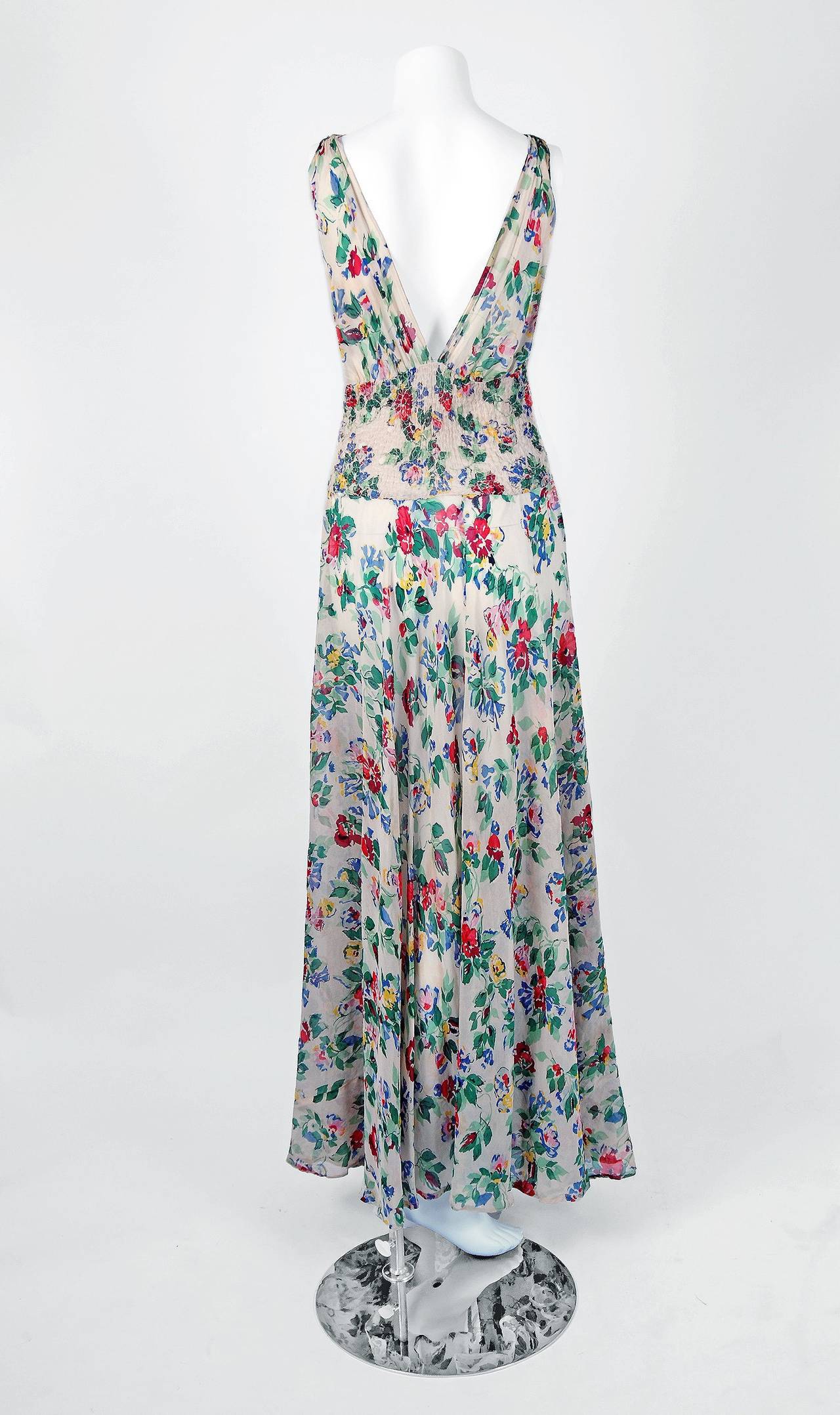1940's Ceil Chapman Floral Garden Silk-Chiffon Hourglass Bias-Cut Gown & Bolero 1