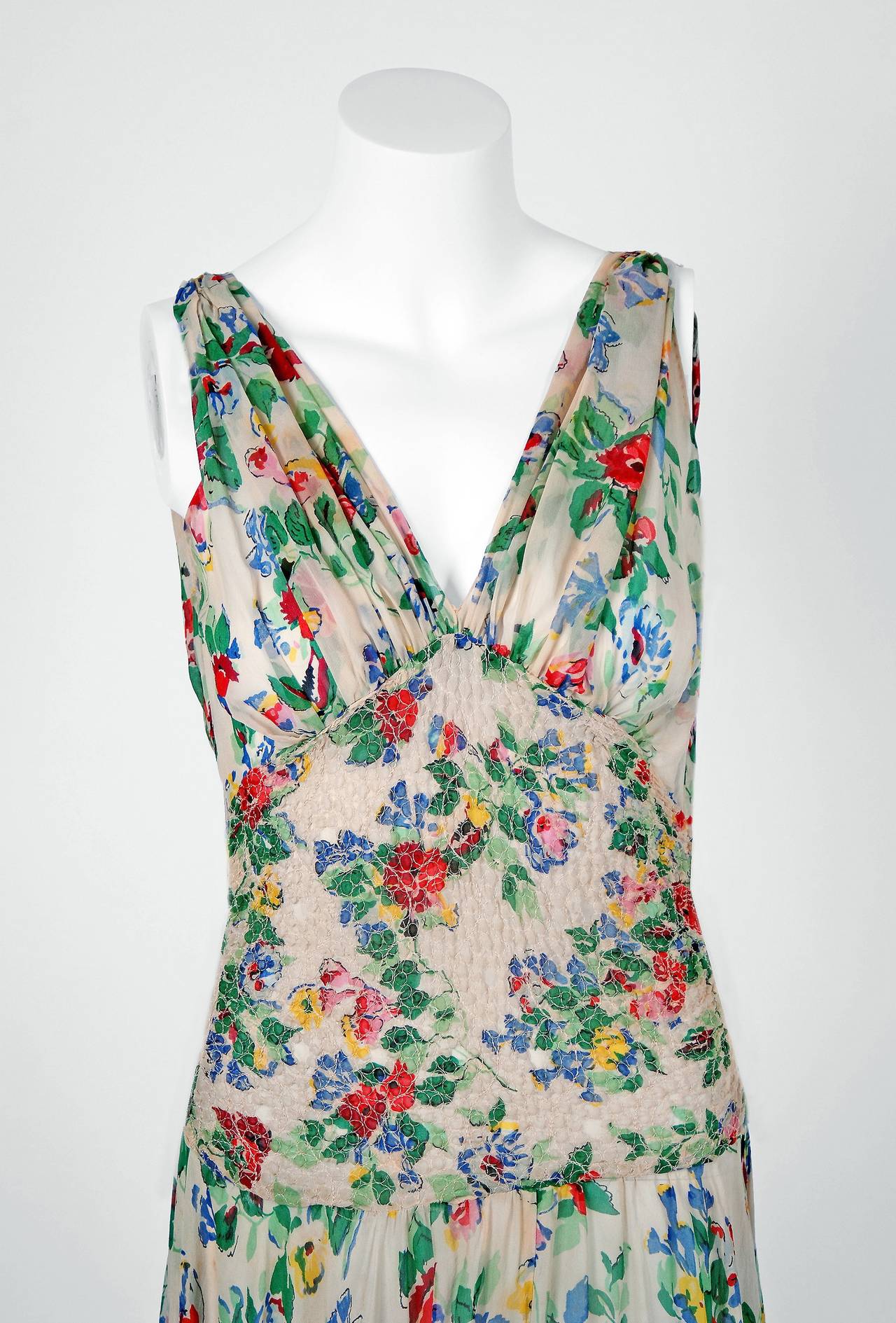 1940's Ceil Chapman Floral Garden Silk-Chiffon Hourglass Bias-Cut Gown & Bolero In Excellent Condition In Beverly Hills, CA