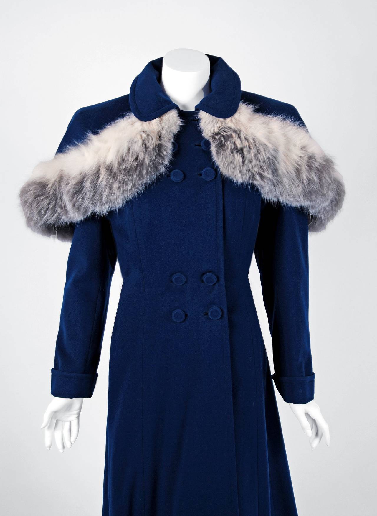 1940's Navy-Blue Wool Double-Breasted Princess Coat w/ Detachable Fox ...