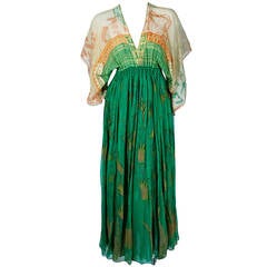 Vintage 1974 Zandra Rhodes Field Of Lilies Green Silk Hand-Painted Caftan Dress Gown