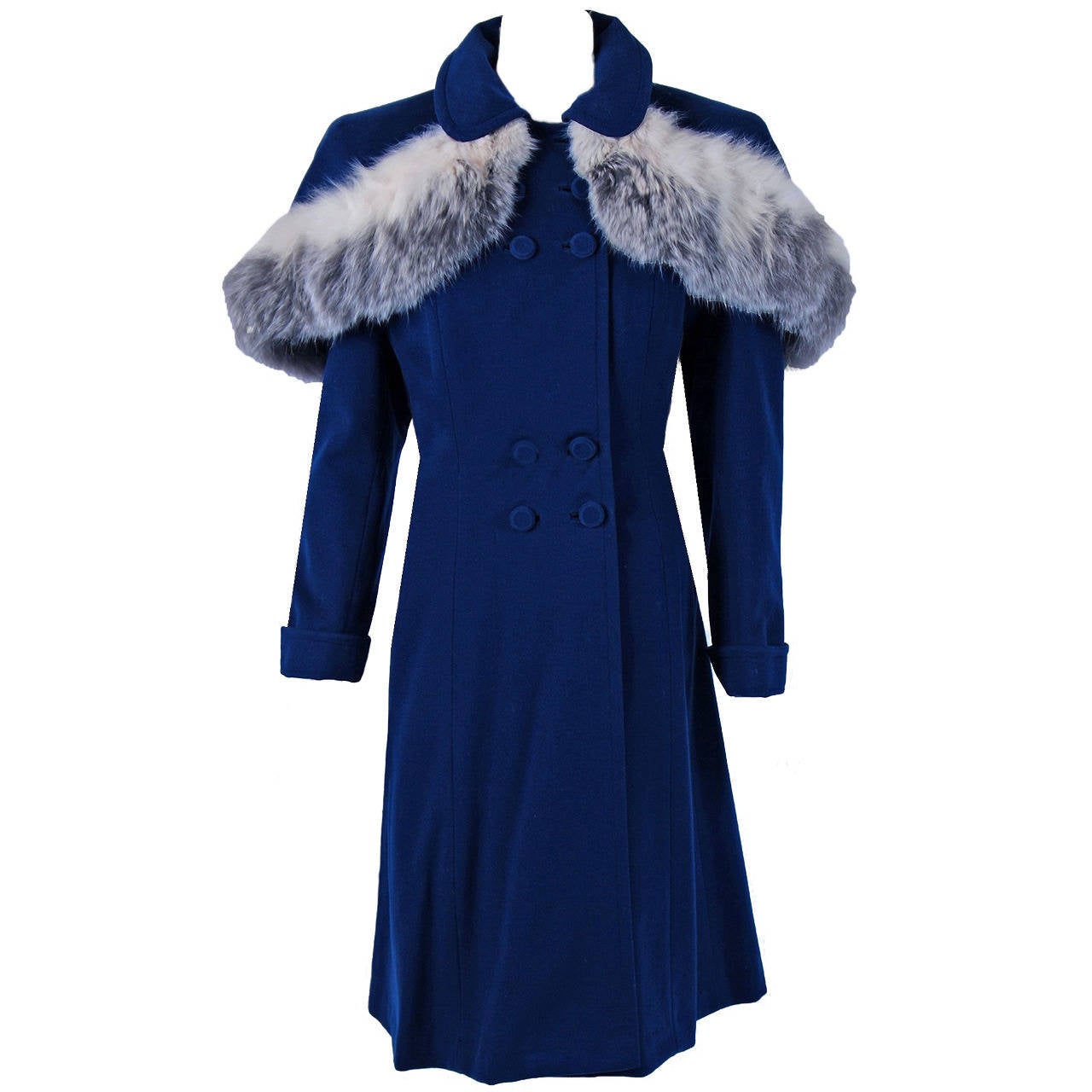 1940's Navy-Blue Wool Double-Breasted Princess Coat w/ Detachable Fox ...