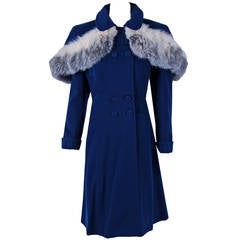Vintage 1940's Navy-Blue Wool Double-Breasted Princess Coat w/ Detachable Fox-Fur Cape