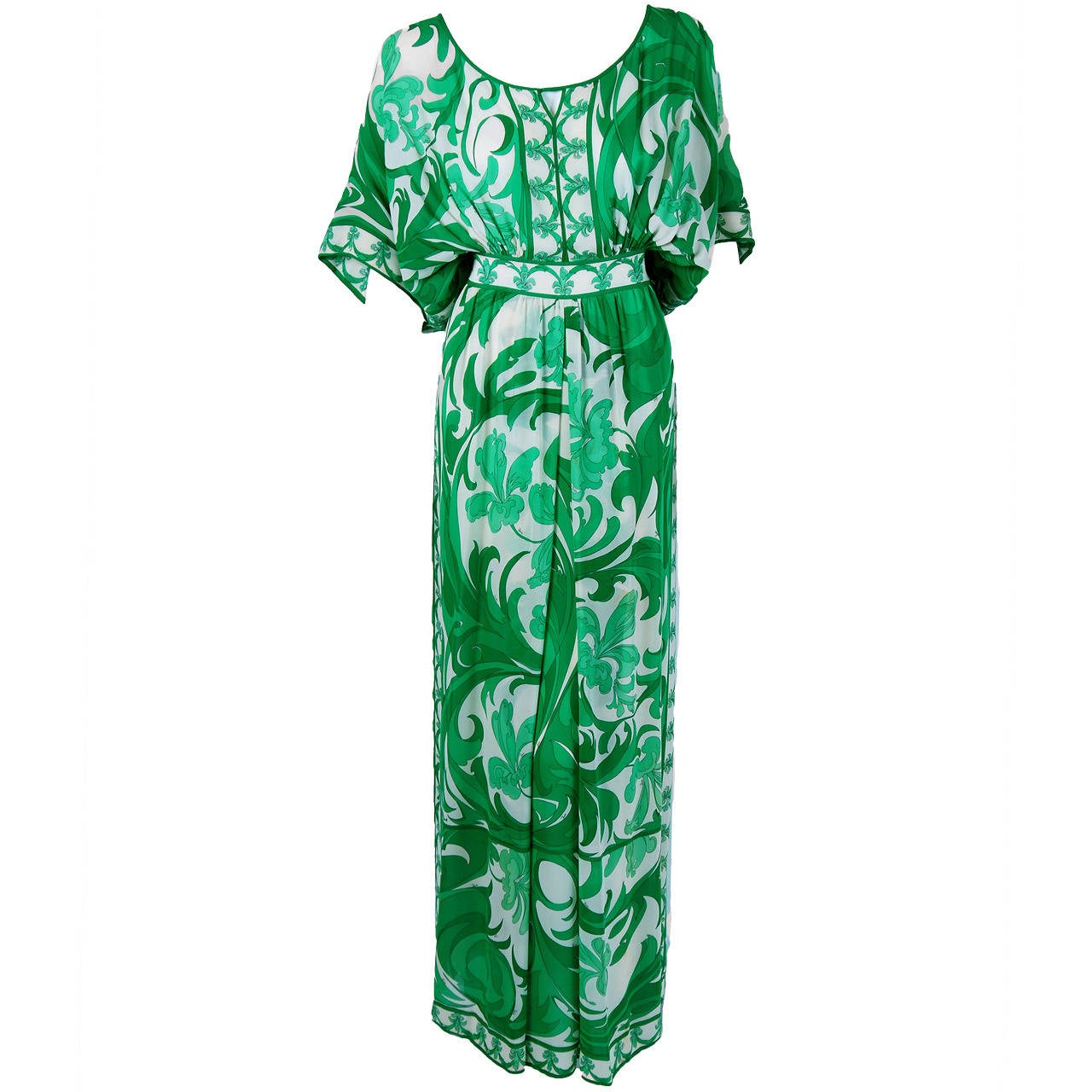 1970's Emilio Pucci Emerald-Green Print Silk Batwing-Sleeves Maxi Dress Gown