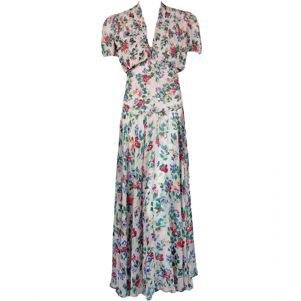 1940's Ceil Chapman Floral Garden Silk-Chiffon Hourglass Bias-Cut Gown & Bolero