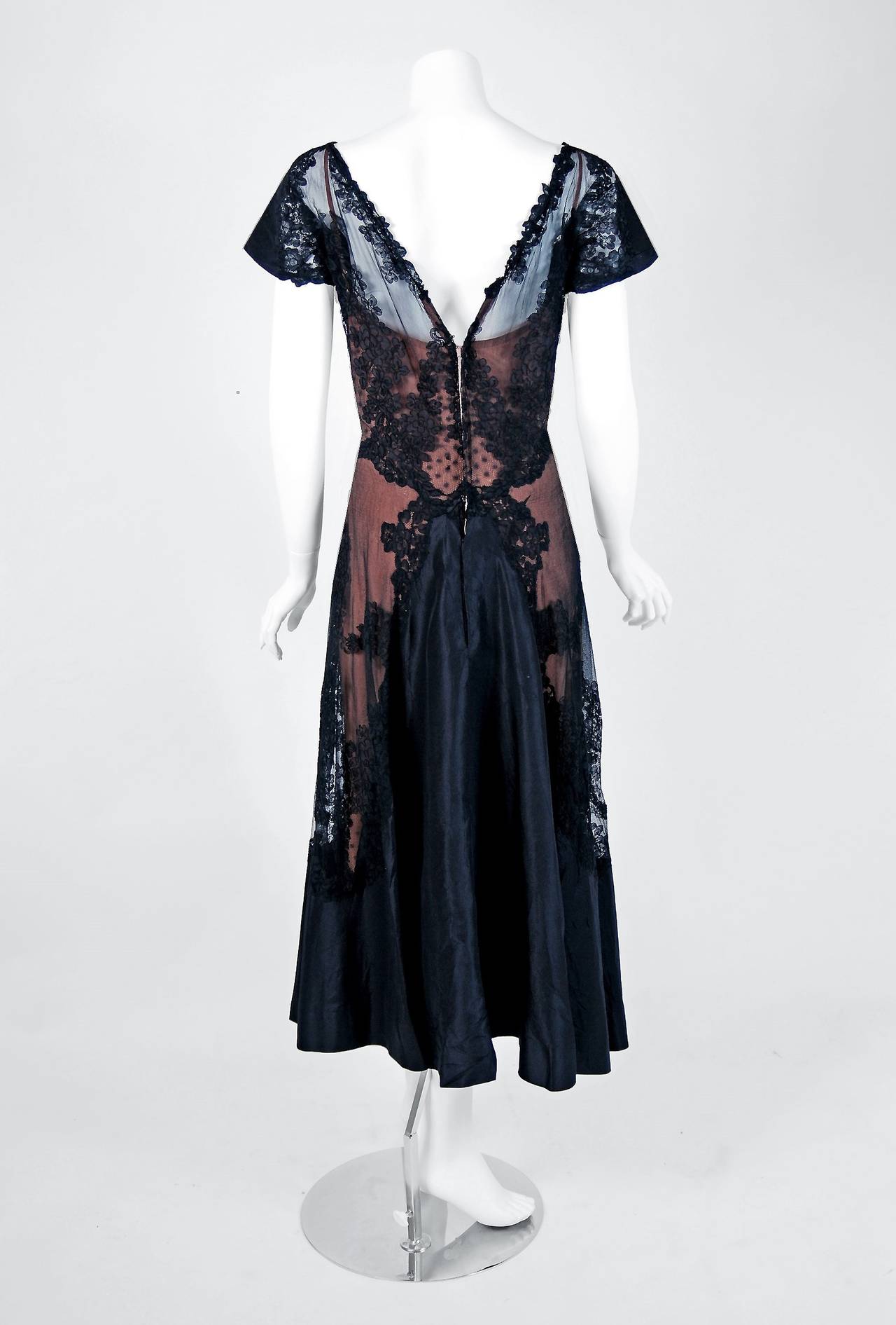 1950's Irene Lentz Sheer Black & Nude Lace Illusion Hourglass Fishtail Dress In Excellent Condition In Beverly Hills, CA