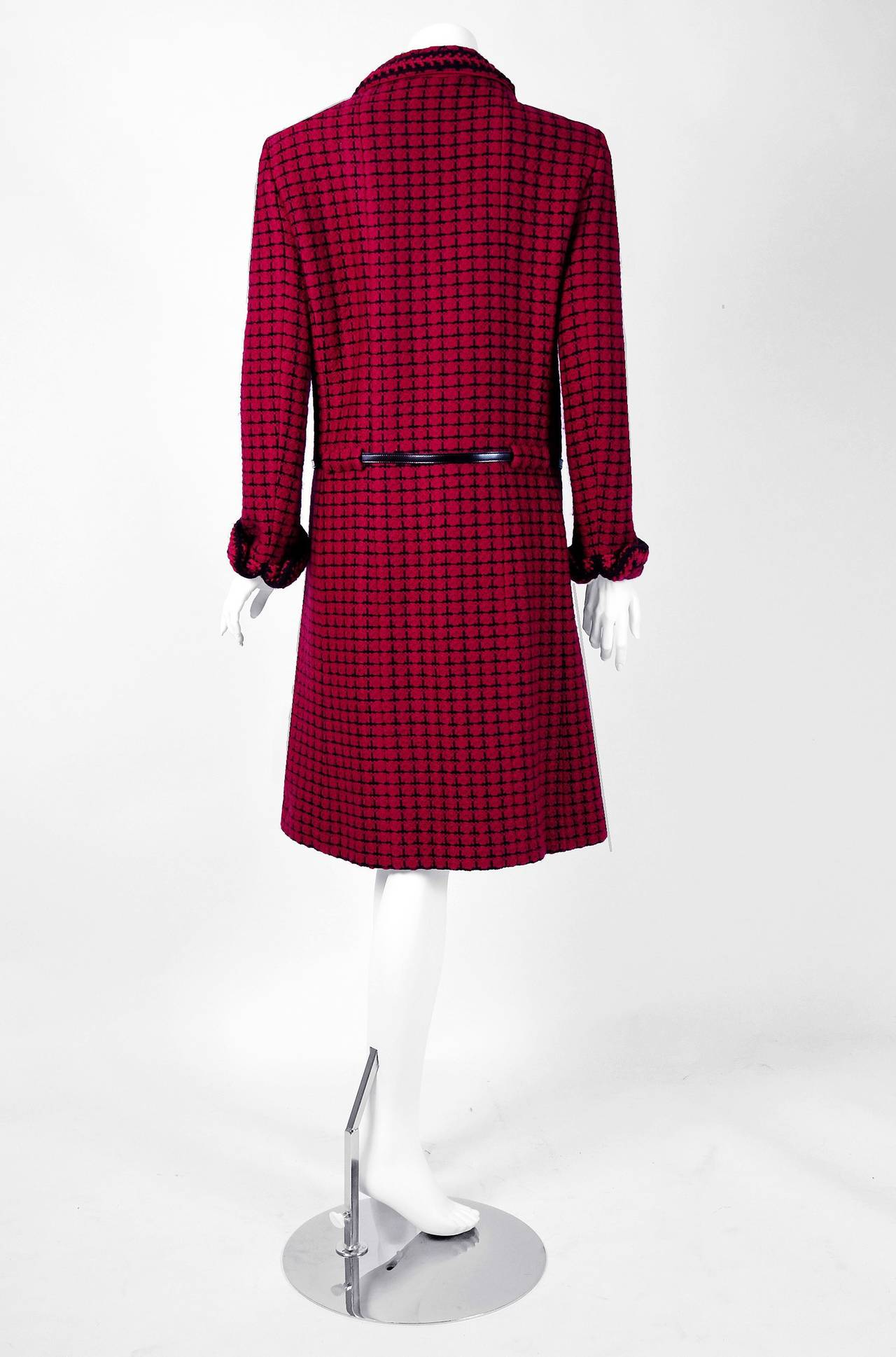 2000 Chanel Raspberry & Black Plaid Belted Boucle-Wool Jacket Coat 1