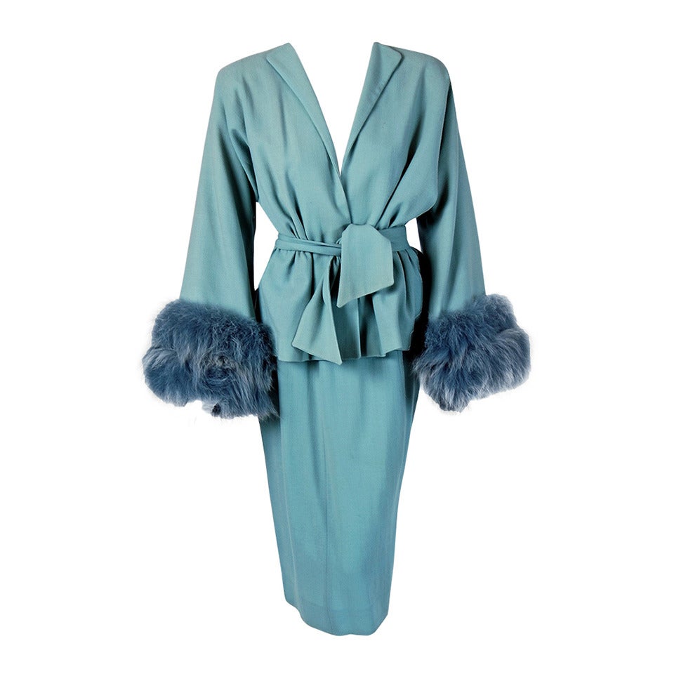 1940's Lilli-Ann Baby Blue Wool & Genuine Fox-Fur Belted Wiggle Dress Suit