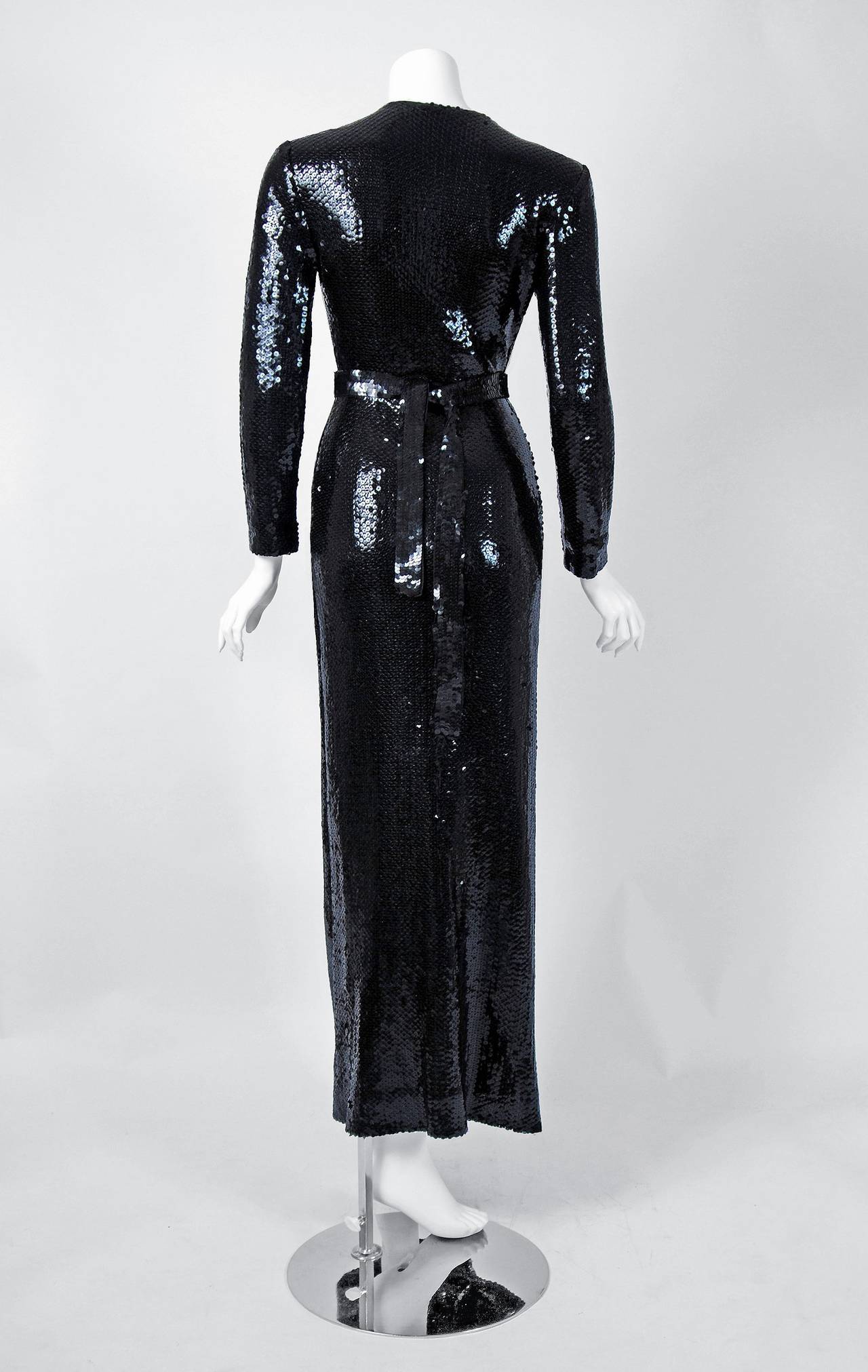 Women's 1970's Halston Black Sequin Silk-Jersey Belted Wrap Low-Plunge Evening Gown