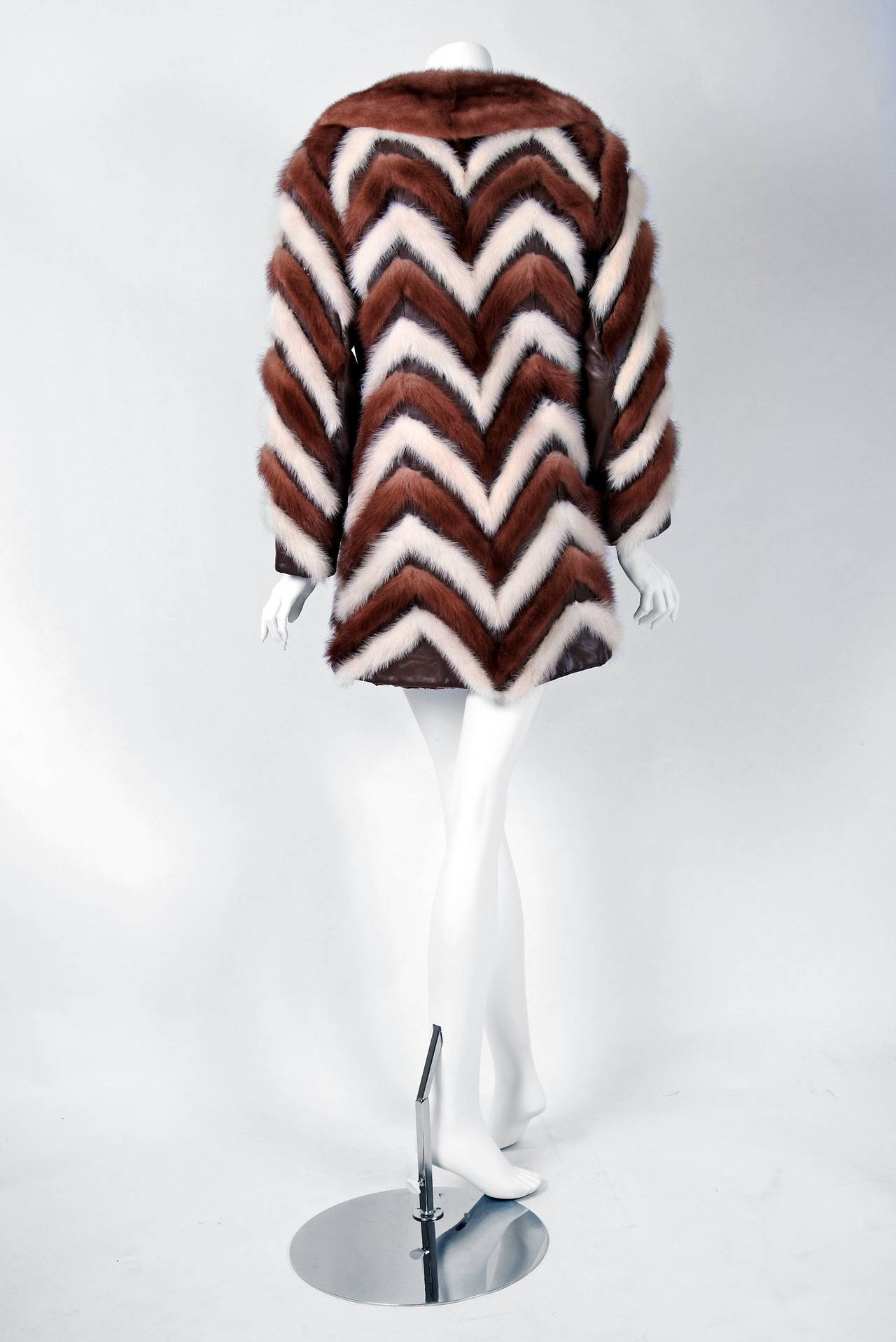 Women's 1960's Luxurious Ivory & Brown Stripe Patchwork Mink-Fur Leather Belted Jacket