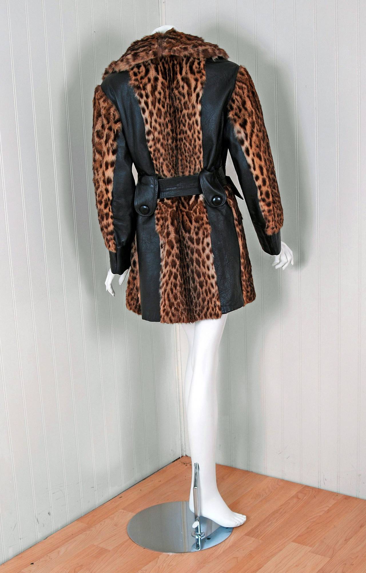 1960's Luxurious Geoffroy-Cat Fur & Black Leather Belted Princess Jacket Coat In Excellent Condition In Beverly Hills, CA