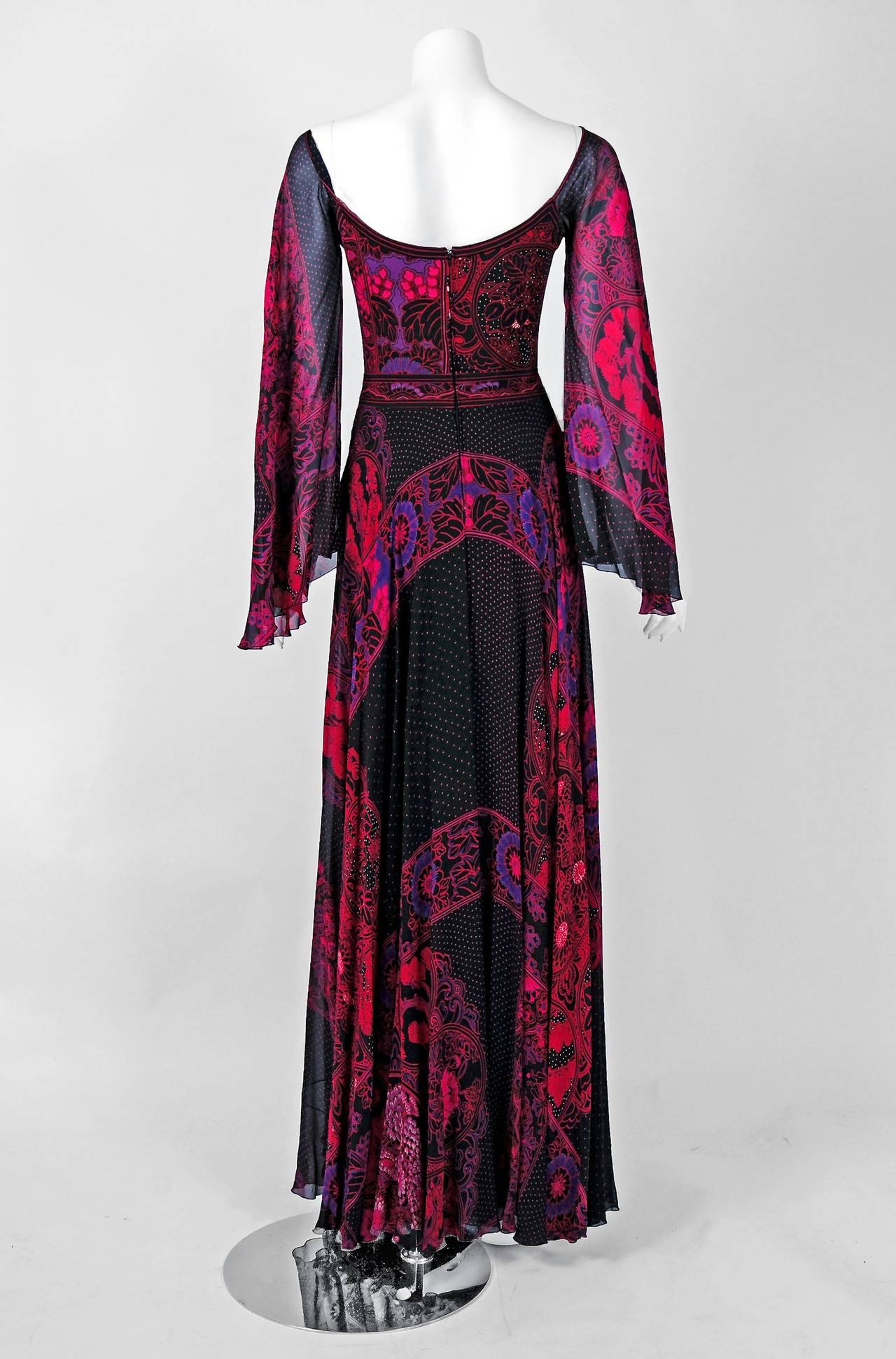 1970's Leonard Fuchsia-Pink & Black Print Silk Angel-Sleeve Maxi Dress Gown 1