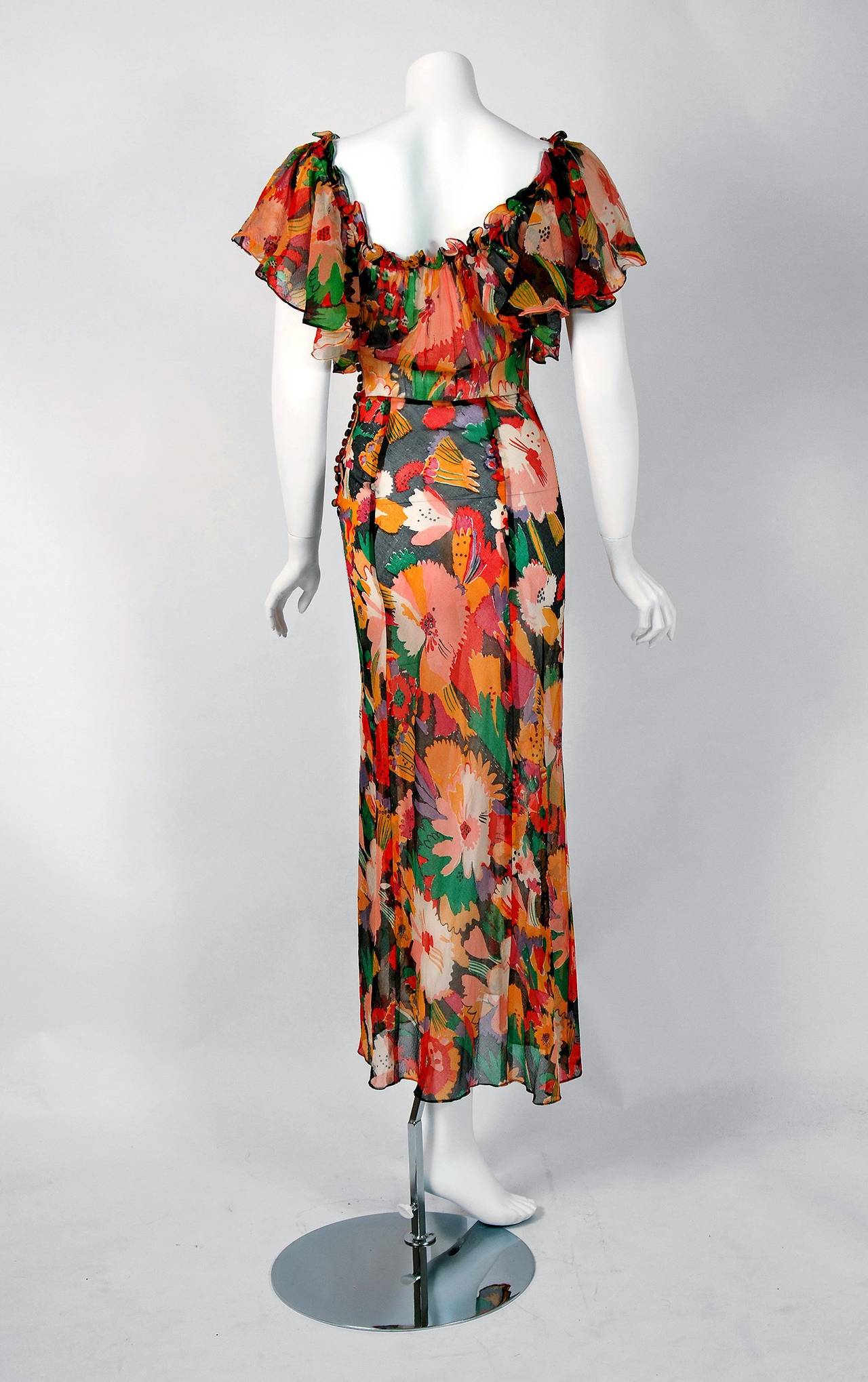 Women's 1973 Ossie Clark Documented Colorful Floral Celia Birtwell Print Chiffon Dress