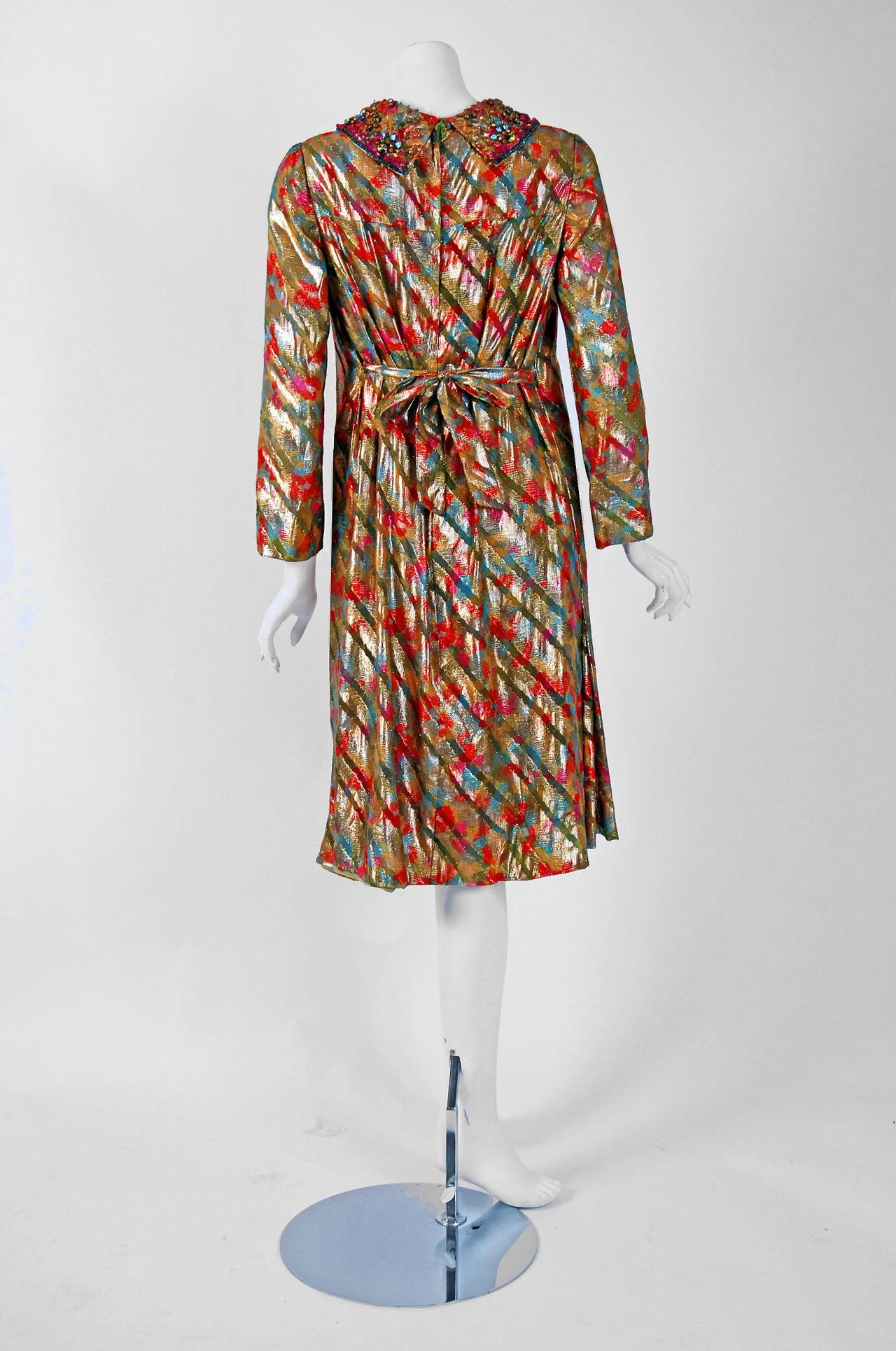 Brown Vintage 1960's Branell Beaded Colorful Metallic Silk Belted Long-Sleeve Dress