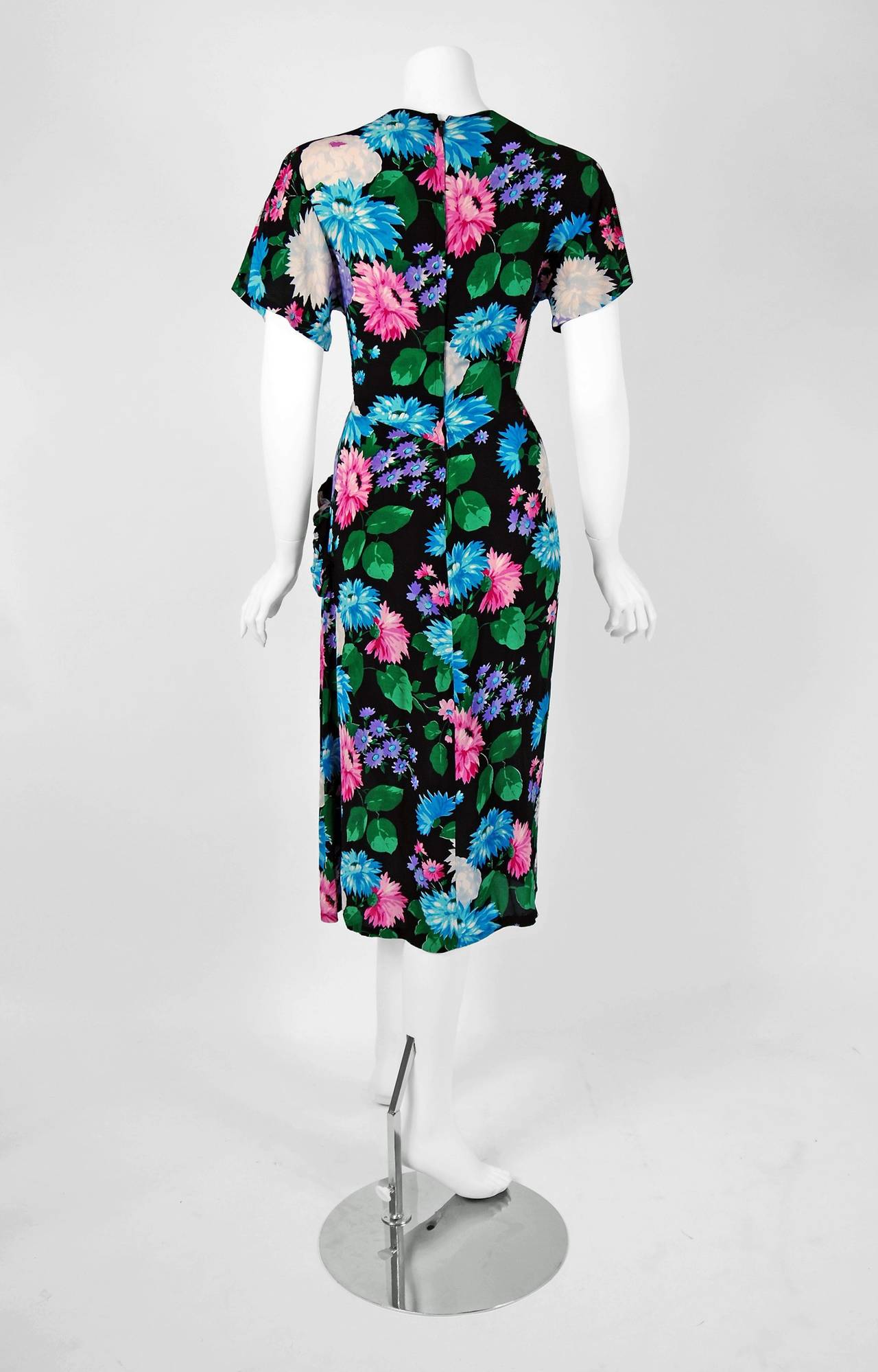 Women's 1940's Dorothy O'Hara Colorful Floral Silk-Rayon Print Draped Swag Dress