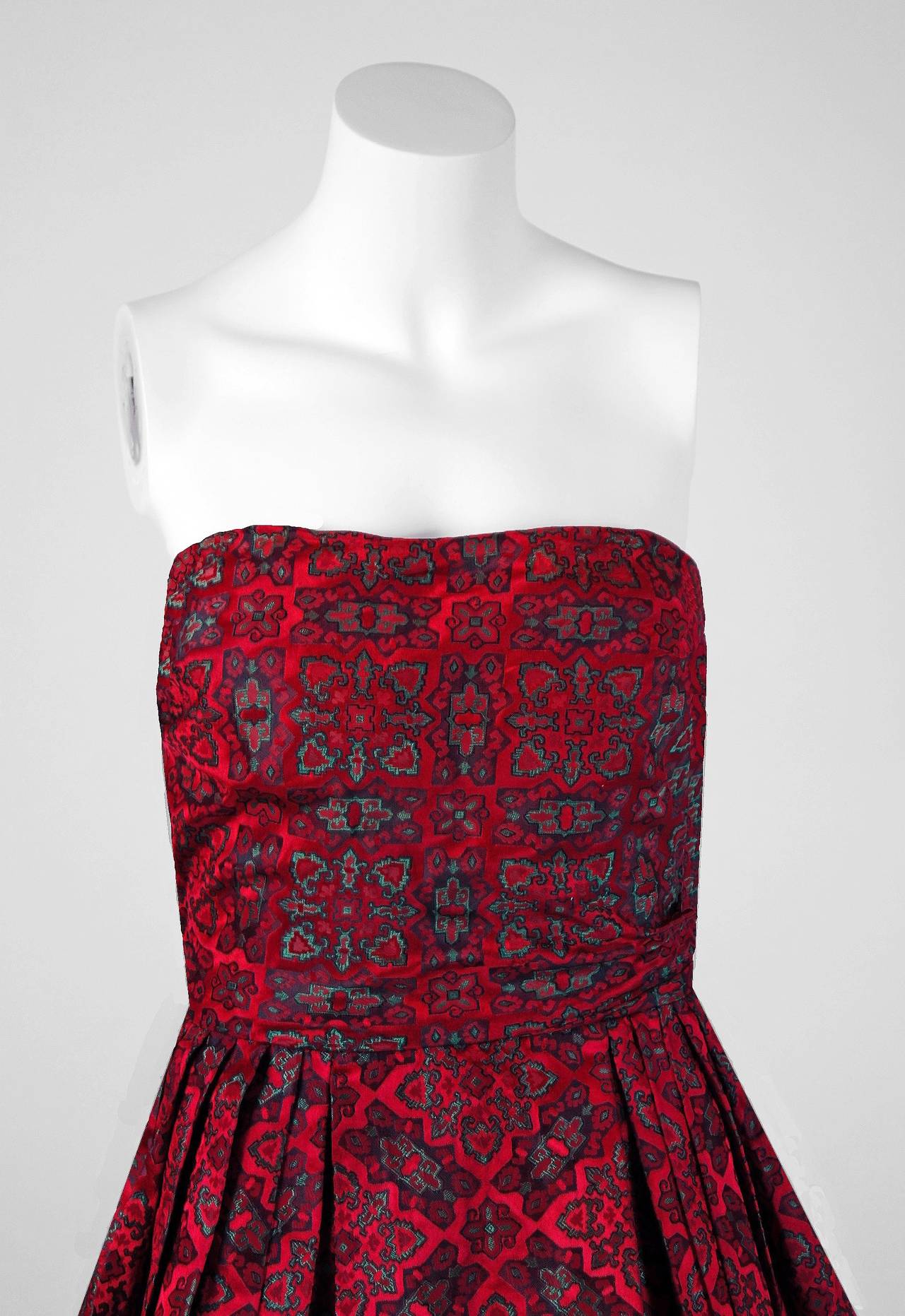 Red 1950's Eleanora Garnett Couture Strapless Print Brocade Pleated Party Dress