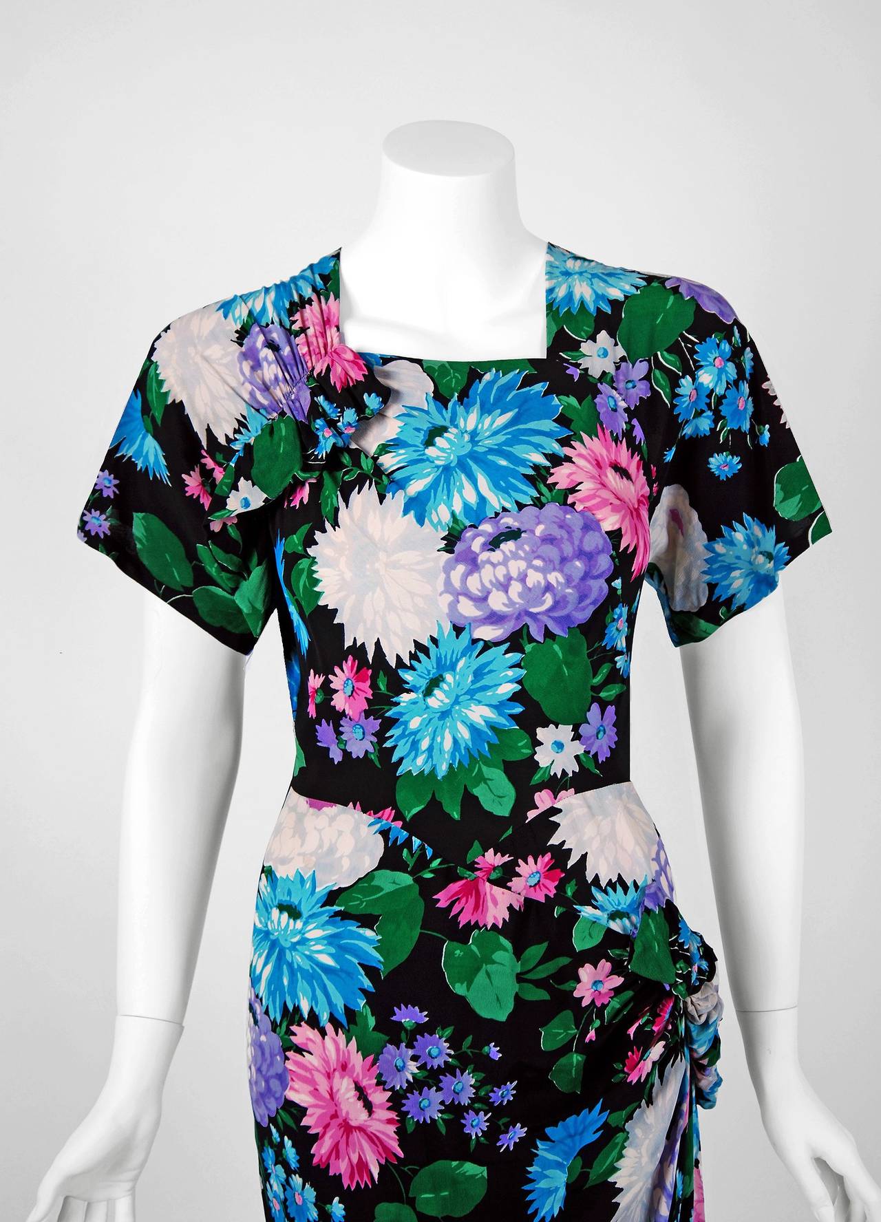 Exquisite 1940's colorful floral-print cocktail dress by the famous 