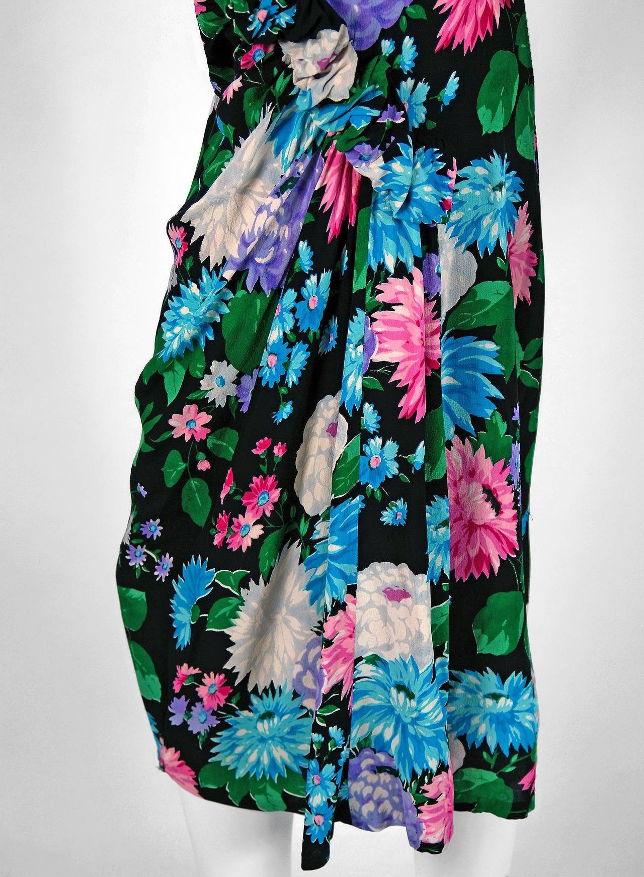 1940's Dorothy O'Hara Colorful Floral Silk-Rayon Print Draped Swag Dress In Excellent Condition In Beverly Hills, CA