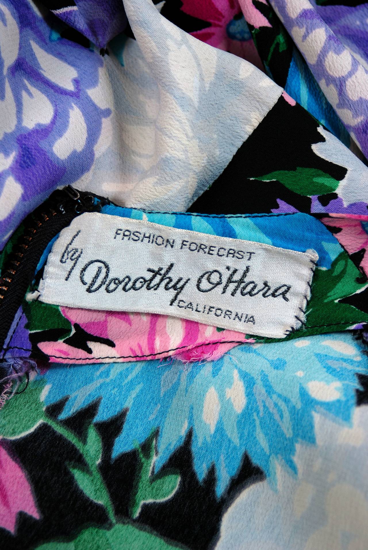 1940's Dorothy O'Hara Colorful Floral Silk-Rayon Print Draped Swag Dress 1