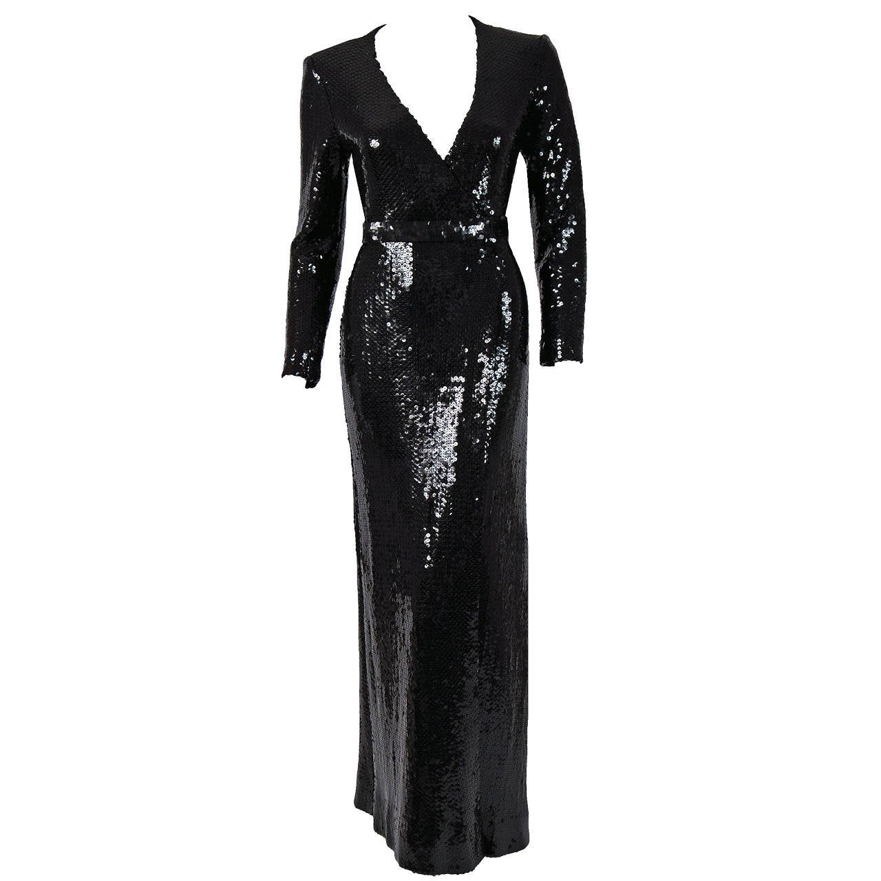 1970's Halston Black Sequin Silk-Jersey Belted Wrap Low-Plunge Evening Gown