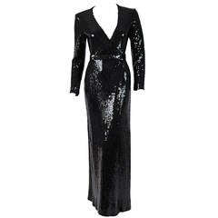 1970's Halston Black Sequin Silk-Jersey Belted Wrap Low-Plunge Evening ...