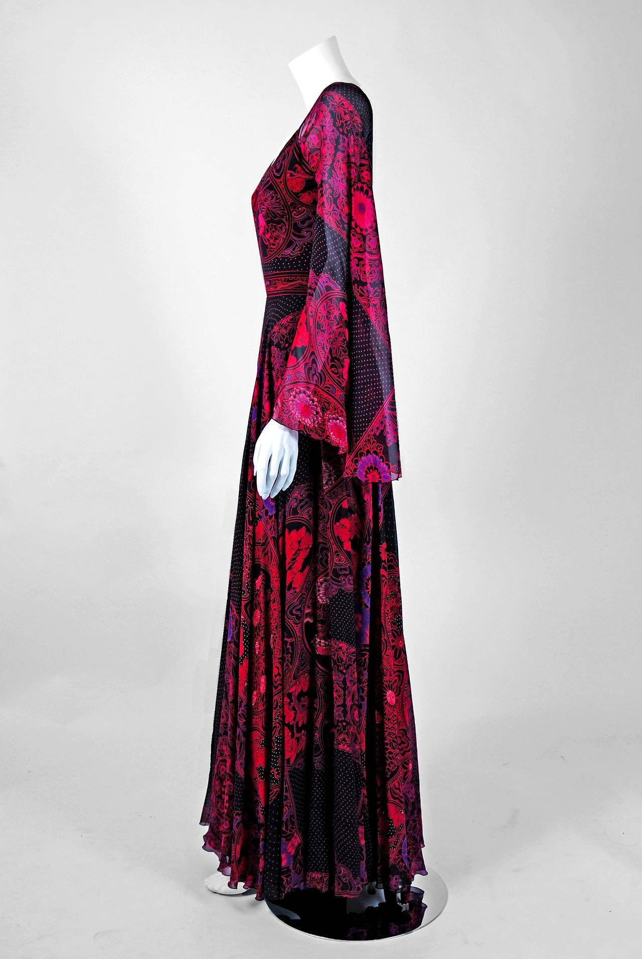 Men's 1970's Leonard Fuchsia-Pink & Black Print Silk Angel-Sleeve Maxi Dress Gown