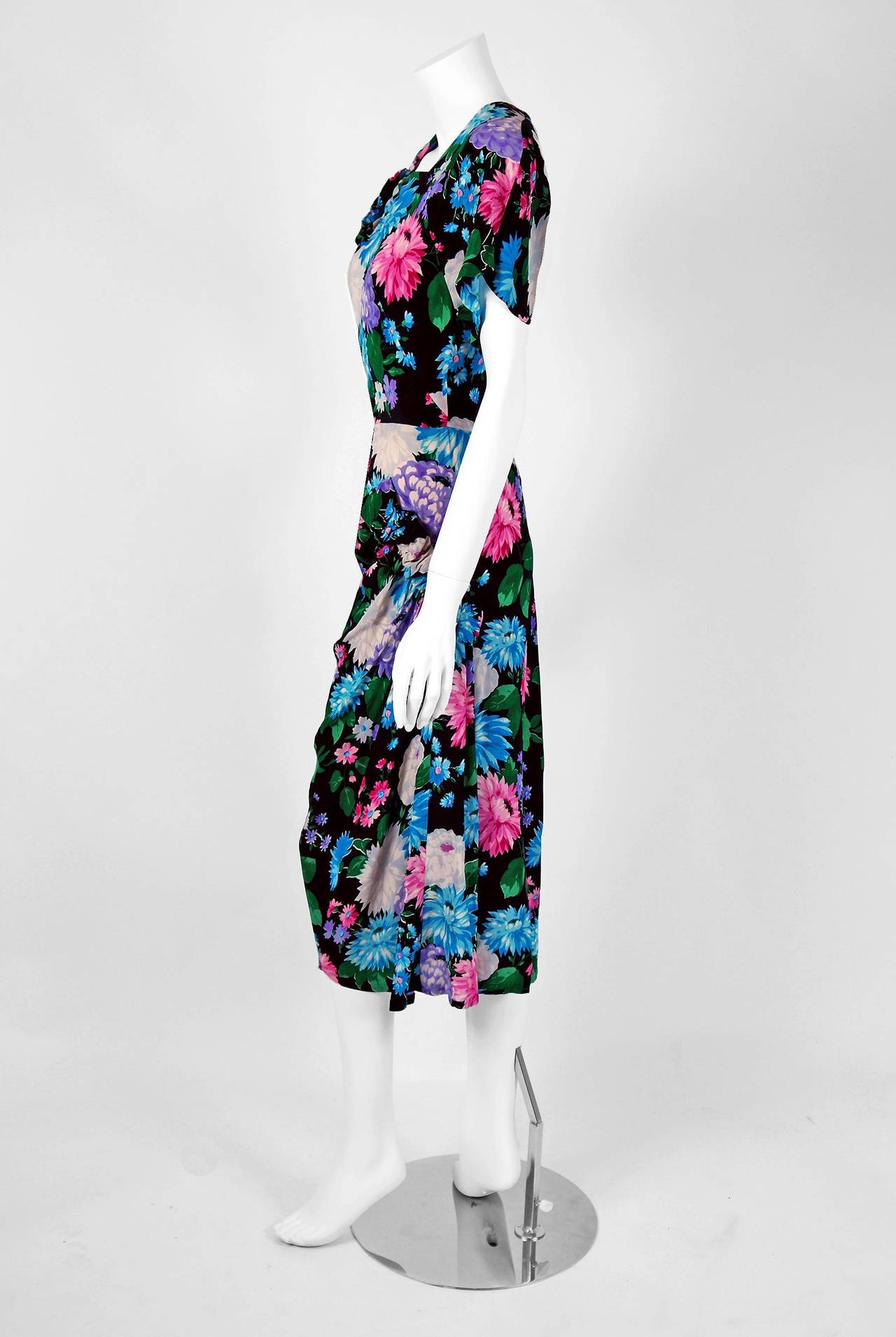 Black 1940's Dorothy O'Hara Colorful Floral Silk-Rayon Print Draped Swag Dress