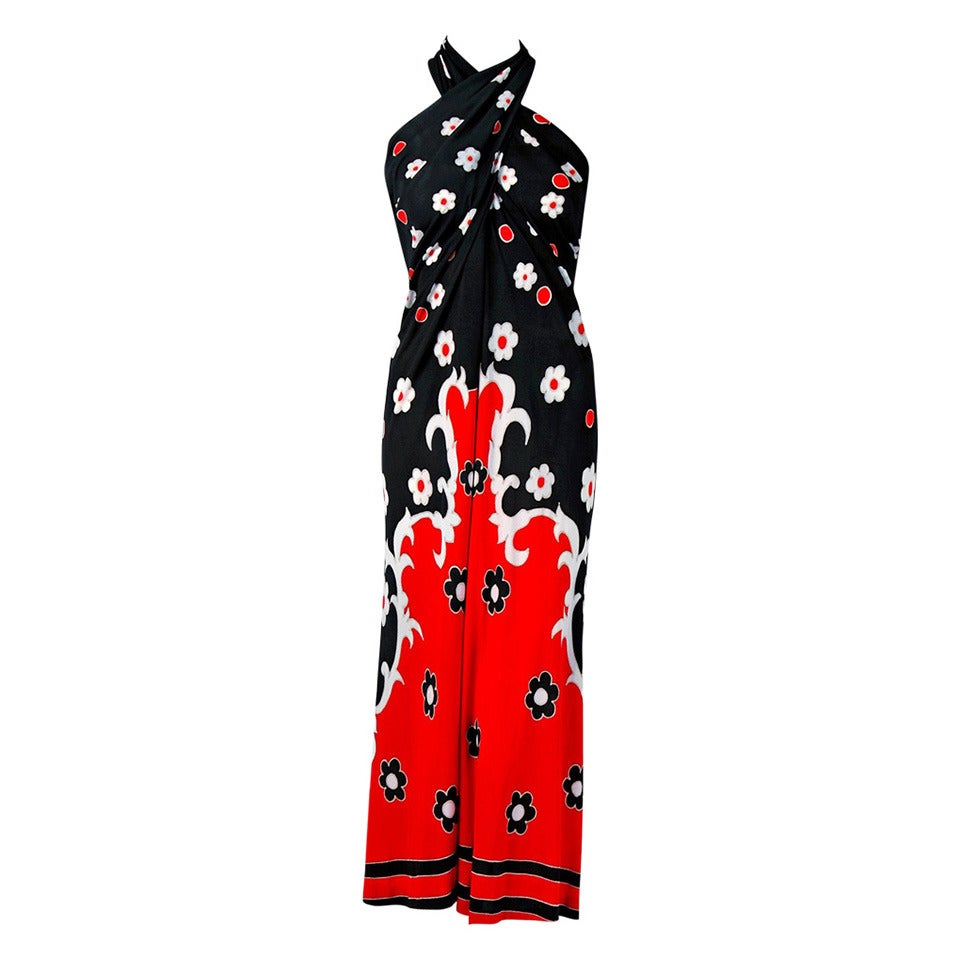 1970
s Chloe by Karl Lagerfeld Psychedelic Print Silk Criss-Cross Halter Dress