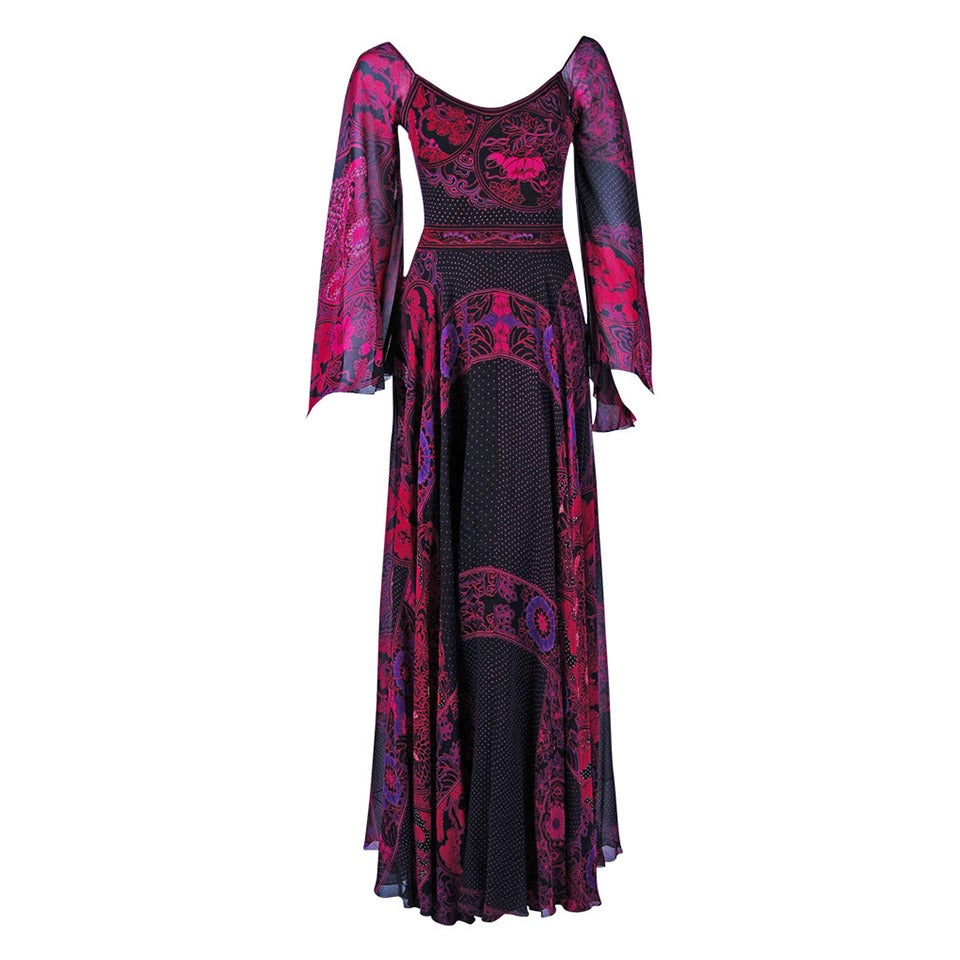 1970's Leonard Fuchsia-Pink & Black Print Silk Angel-Sleeve Maxi Dress Gown