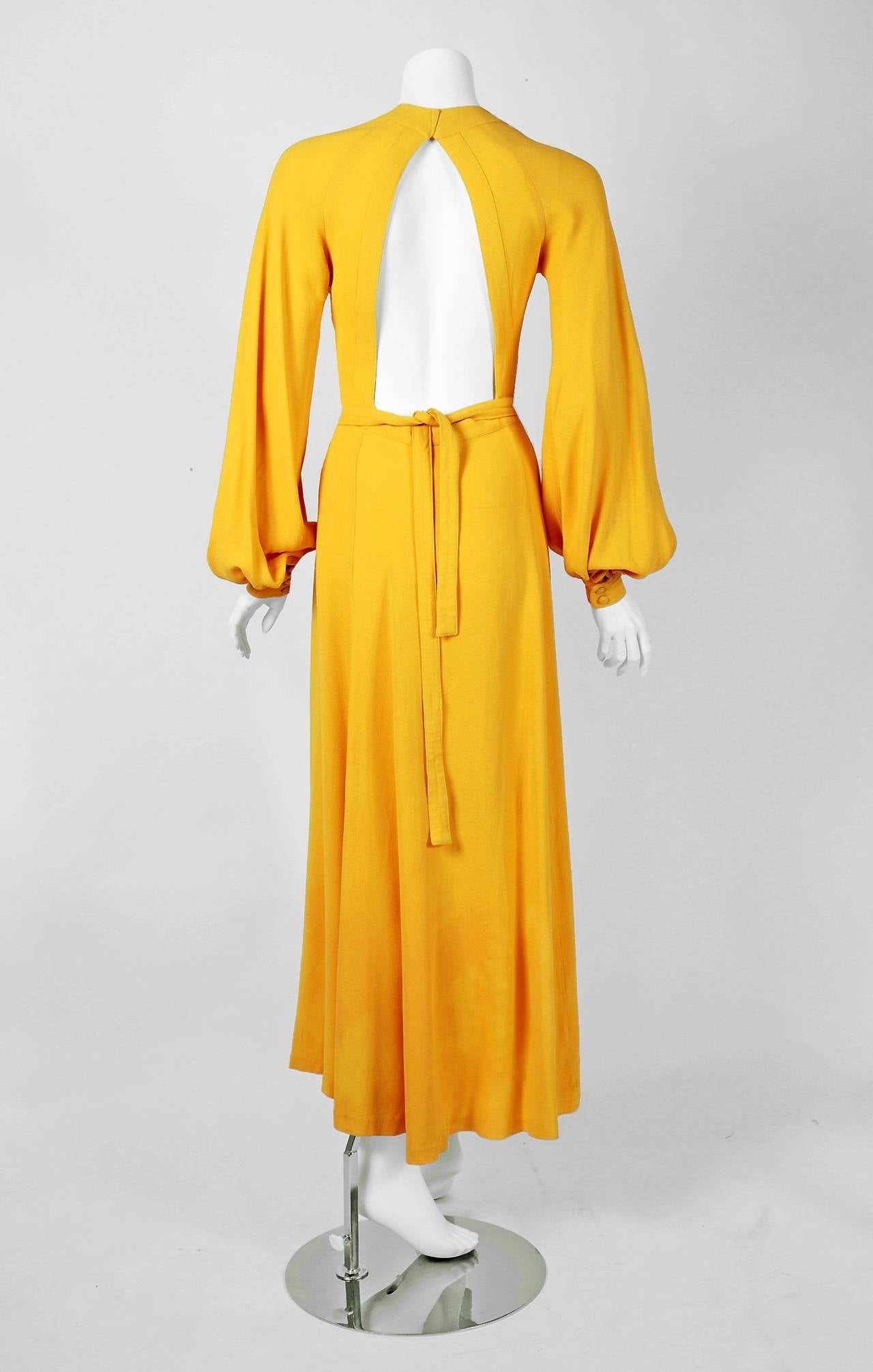 1970's Ossie Clark Yellow Moss-Crepe 'Cuddley' Backless Billow-Sleeve ...