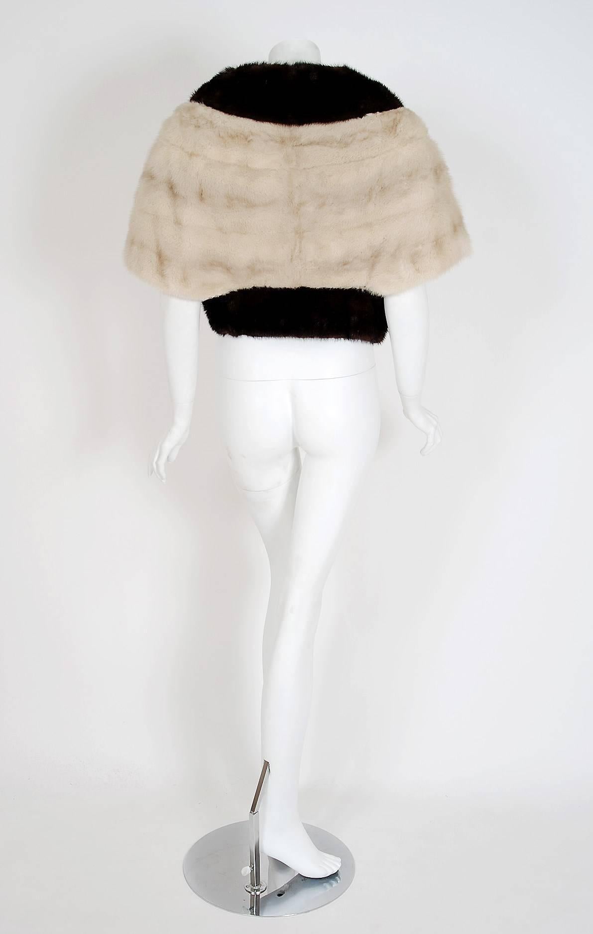 1950's Elegant Ivory White & Brown Mink Fur Block-Color Cropped Bolero Jacket 1