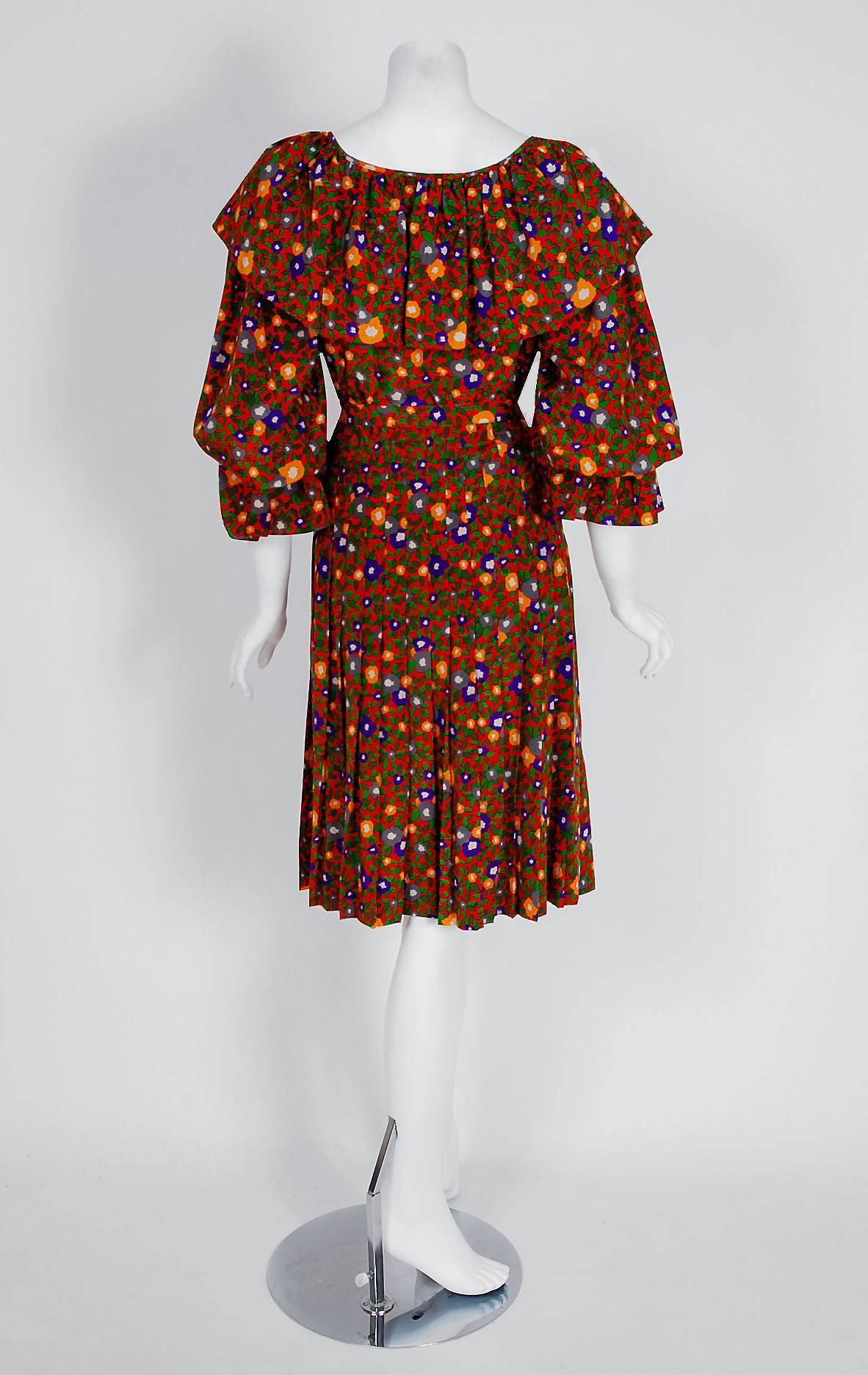 Yves Saint Laurent Floral Print Silk Peasant Blouse and Skirt Set, 1970s  In Excellent Condition In Beverly Hills, CA