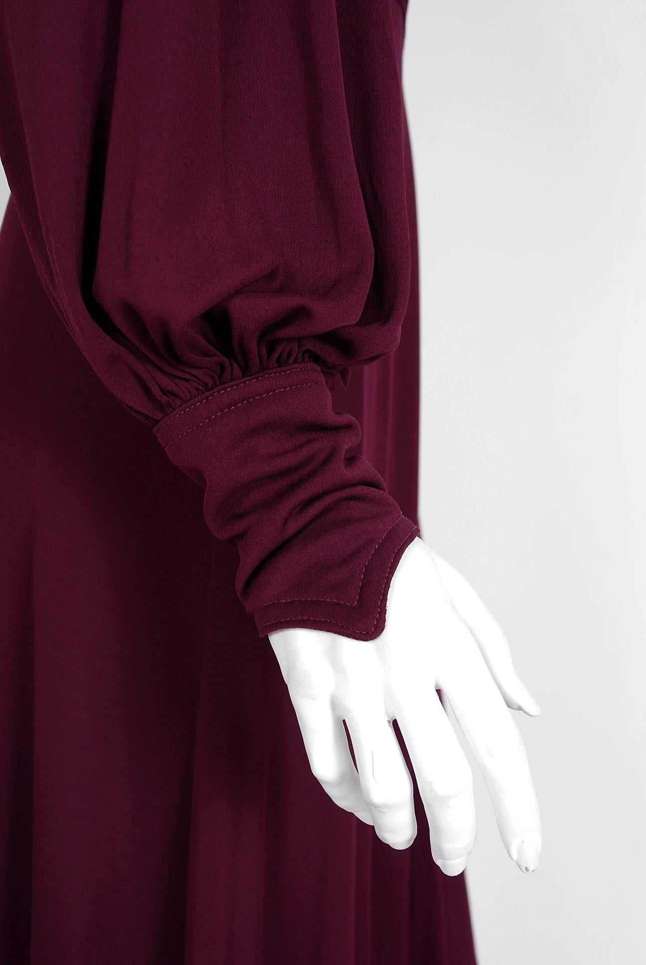 Black 1969 Ossie Clark for Quorum Plum Purple Ruched Silk Jersey Billow-Sleeve Dress