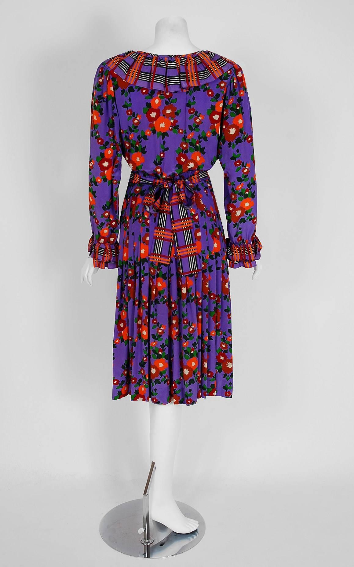 1970's Yves Saint Laurent Purple Floral Print Silk Ruffle Belted Peasant Dress 1