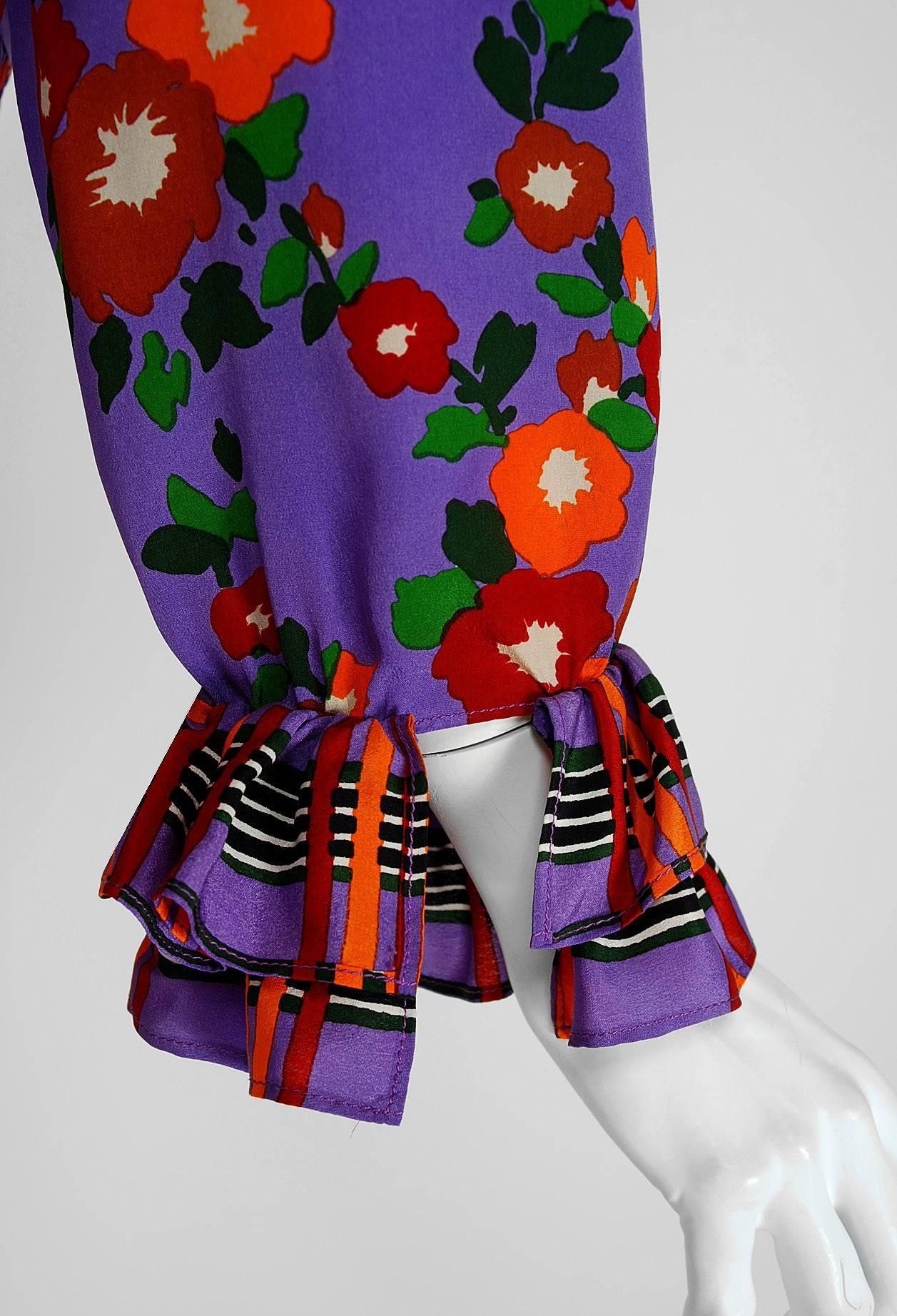 Men's 1970's Yves Saint Laurent Purple Floral Print Silk Ruffle Belted Peasant Dress