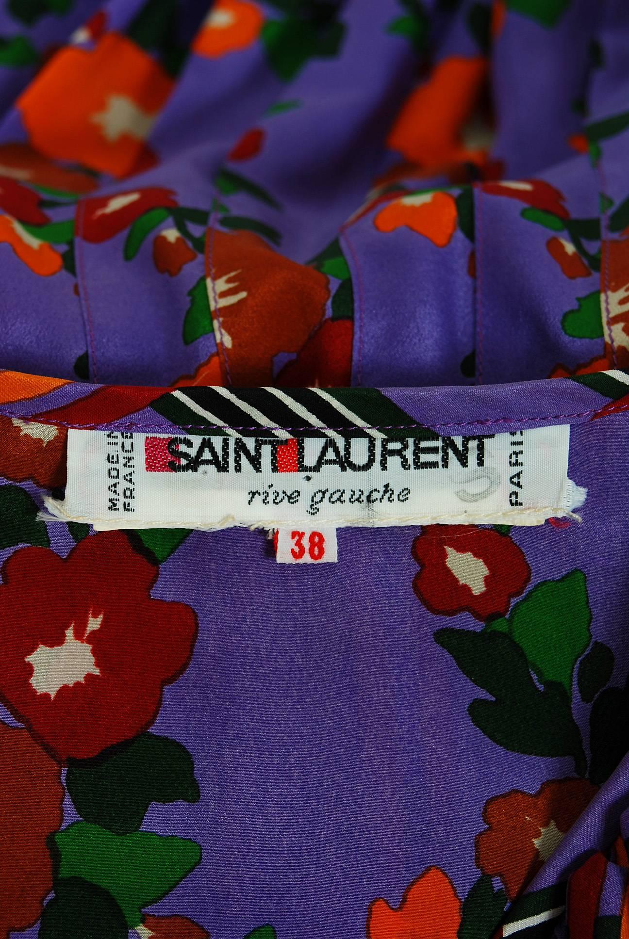 1970's Yves Saint Laurent Purple Floral Print Silk Ruffle Belted Peasant Dress 2