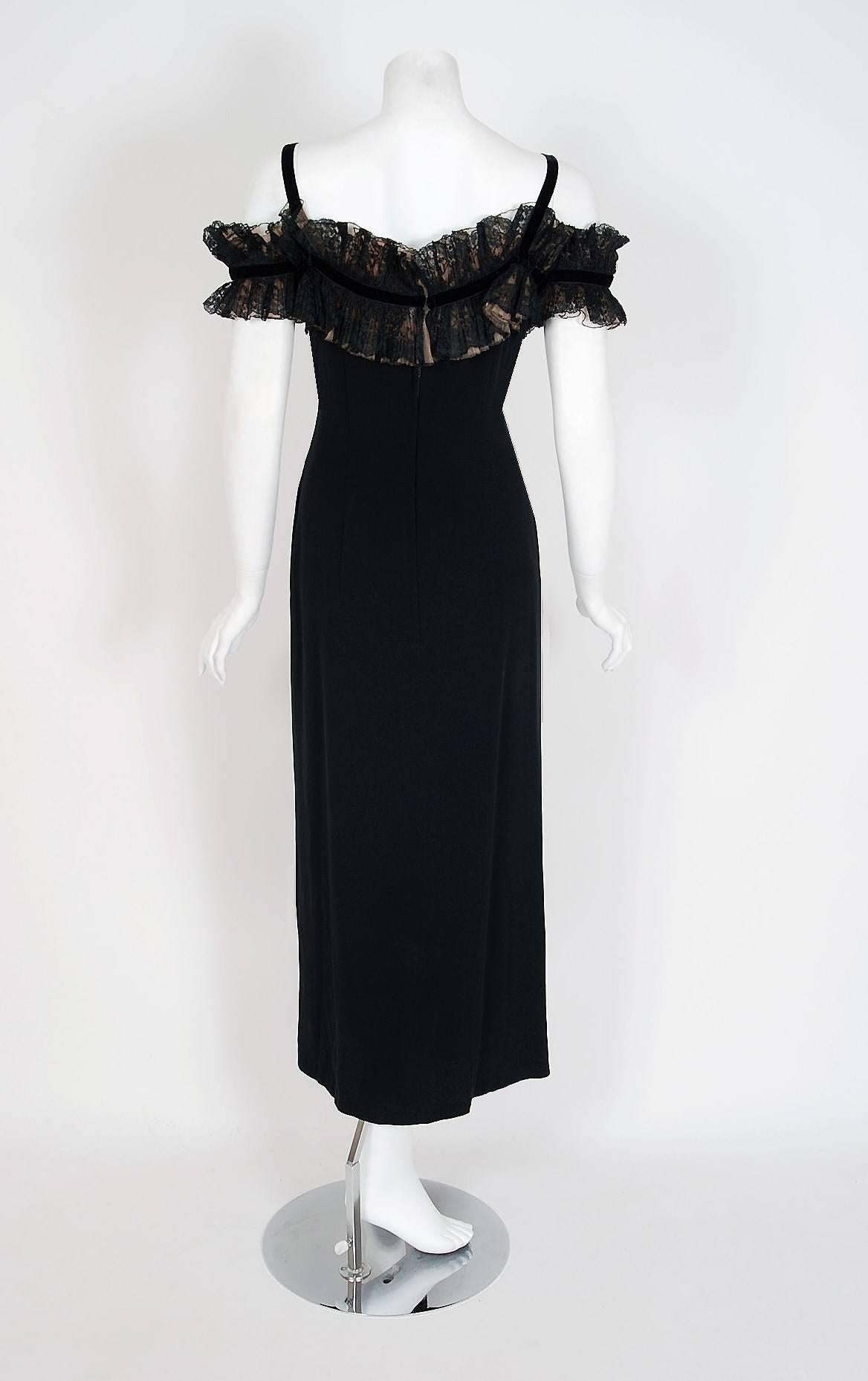 1950's Peggy Hunt Black Ruffle Off-Shoulder Illusion Crepe Evening Dress Gown 2