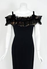 1950's Peggy Hunt Black Ruffle Off-Shoulder Illusion Crepe Evening Dress Gown