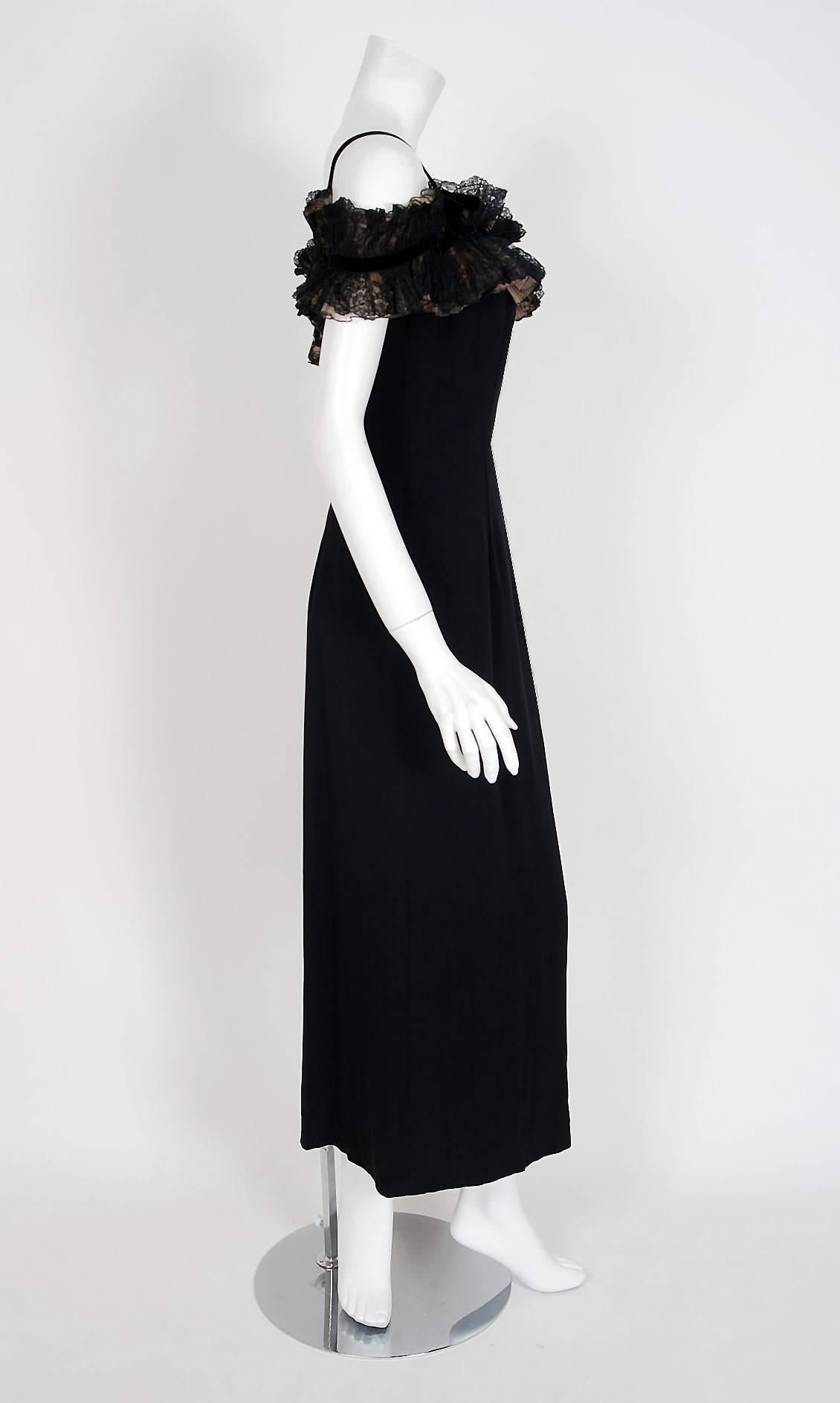 1950's Peggy Hunt Black Ruffle Off-Shoulder Illusion Crepe Evening Dress Gown 1
