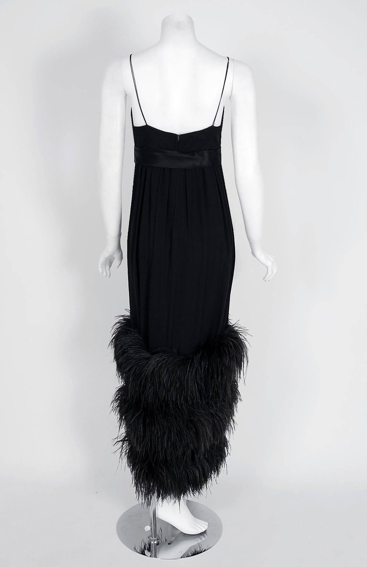 1960's Seductive Black Silk-Chiffon Empire Plunge Ostrich-Feather Evening Gown 1