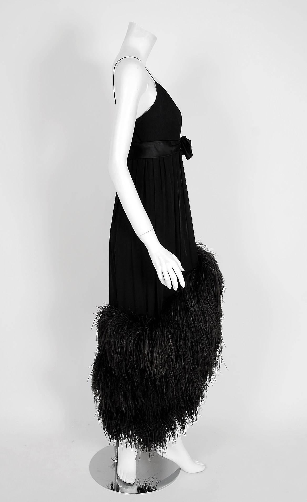 Women's 1960's Seductive Black Silk-Chiffon Empire Plunge Ostrich-Feather Evening Gown