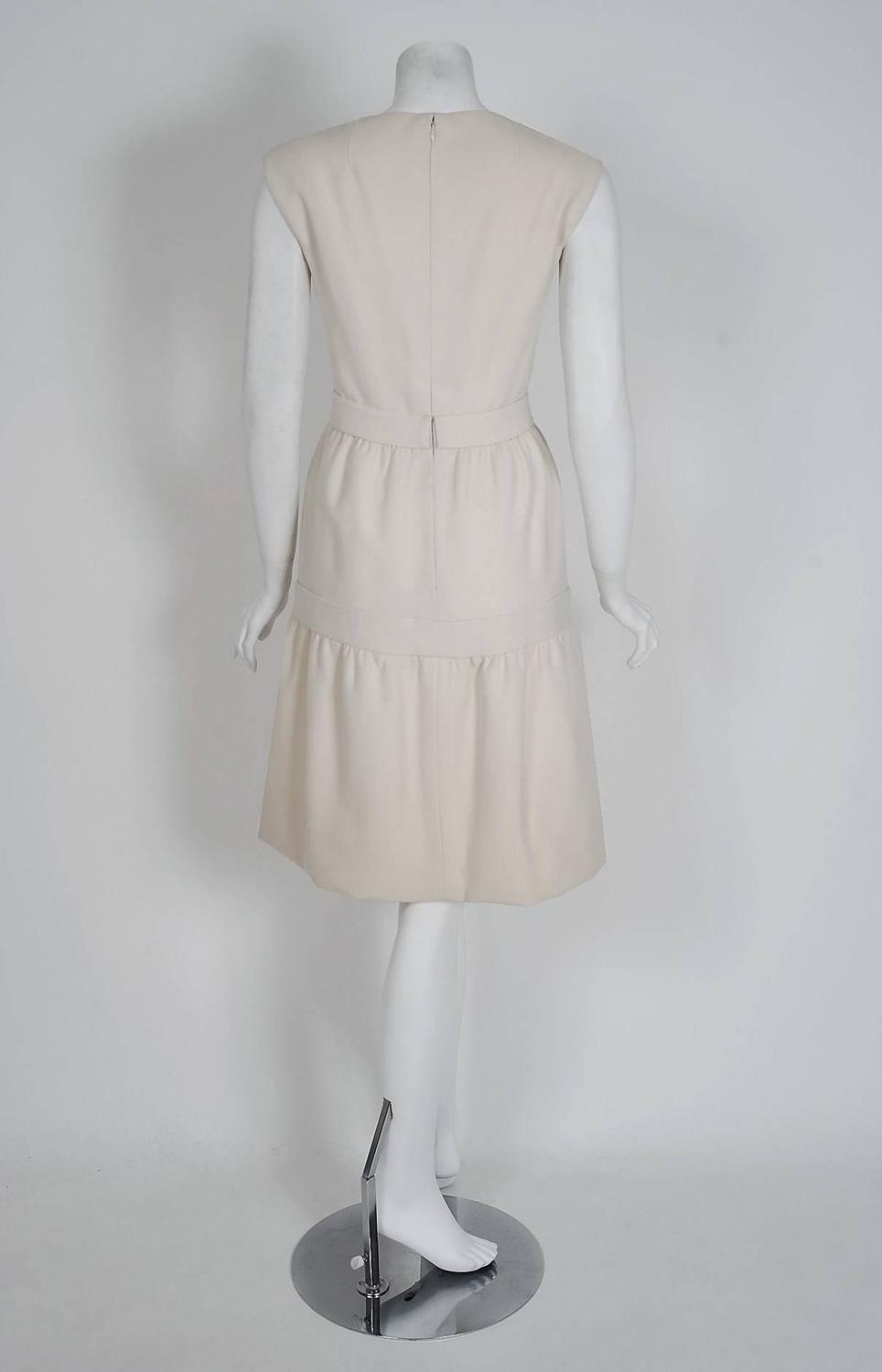 1965 Pierre Cardin Ivory-White Tailored Wool Mod Space-Age Belted Dress ...