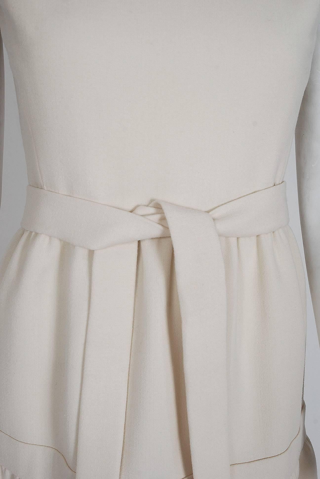1965 Pierre Cardin Ivory-White Tailored Wool Mod Space-Age Belted Dress w/Tags  In New Condition In Beverly Hills, CA
