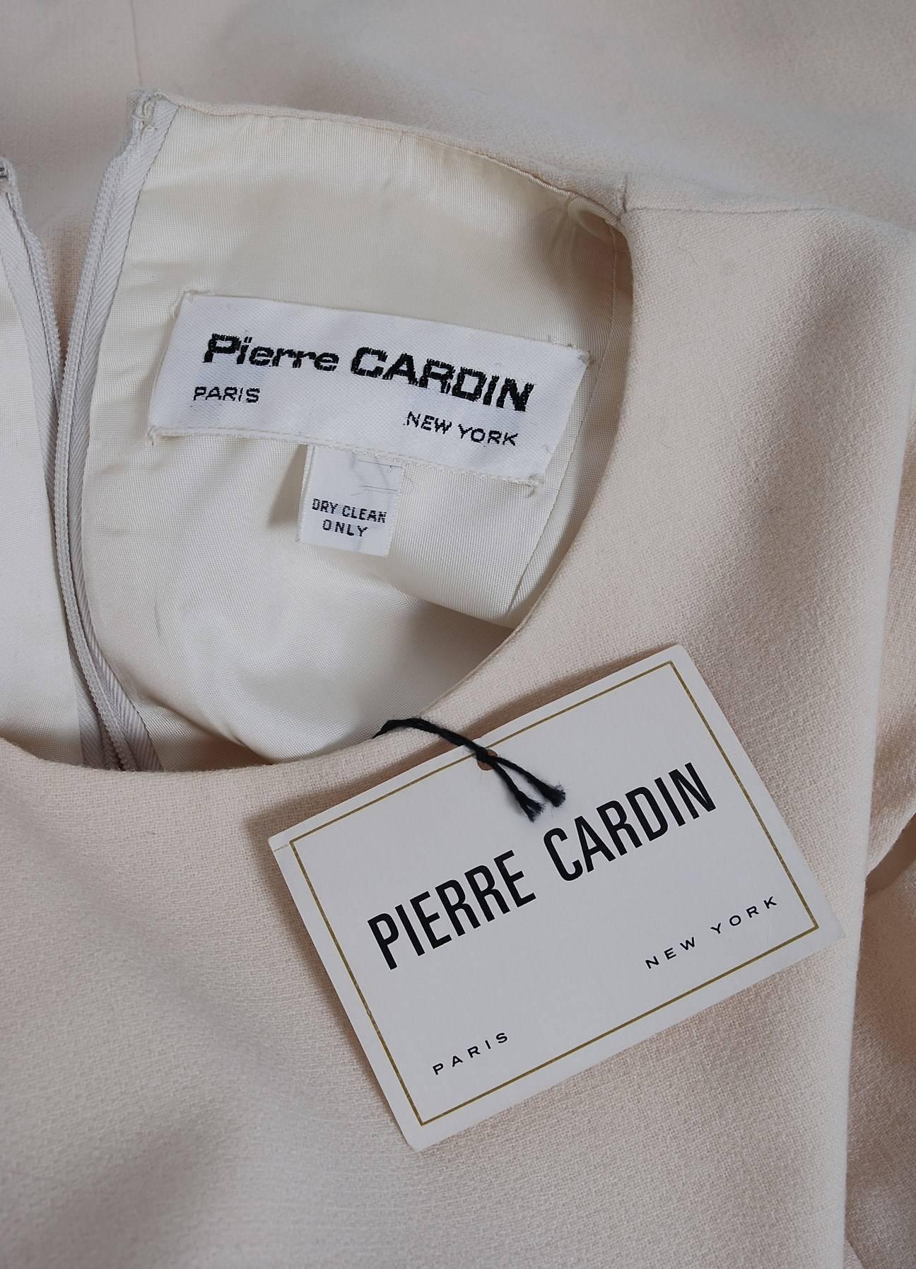 1965 Pierre Cardin Ivory-White Tailored Wool Mod Space-Age Belted Dress w/Tags  1