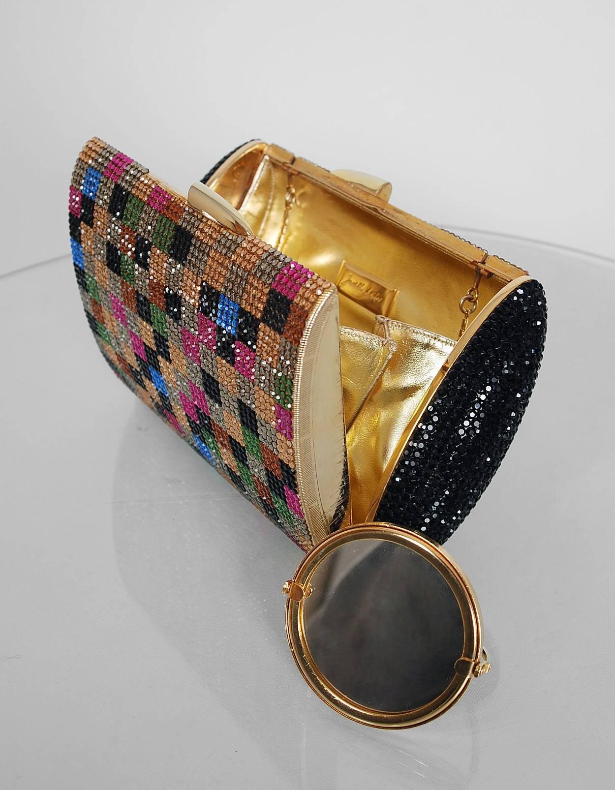 1990's Judith Leiber Minaudiere Colorful Deco Squares Crystal Evening Purse  In Excellent Condition In Beverly Hills, CA
