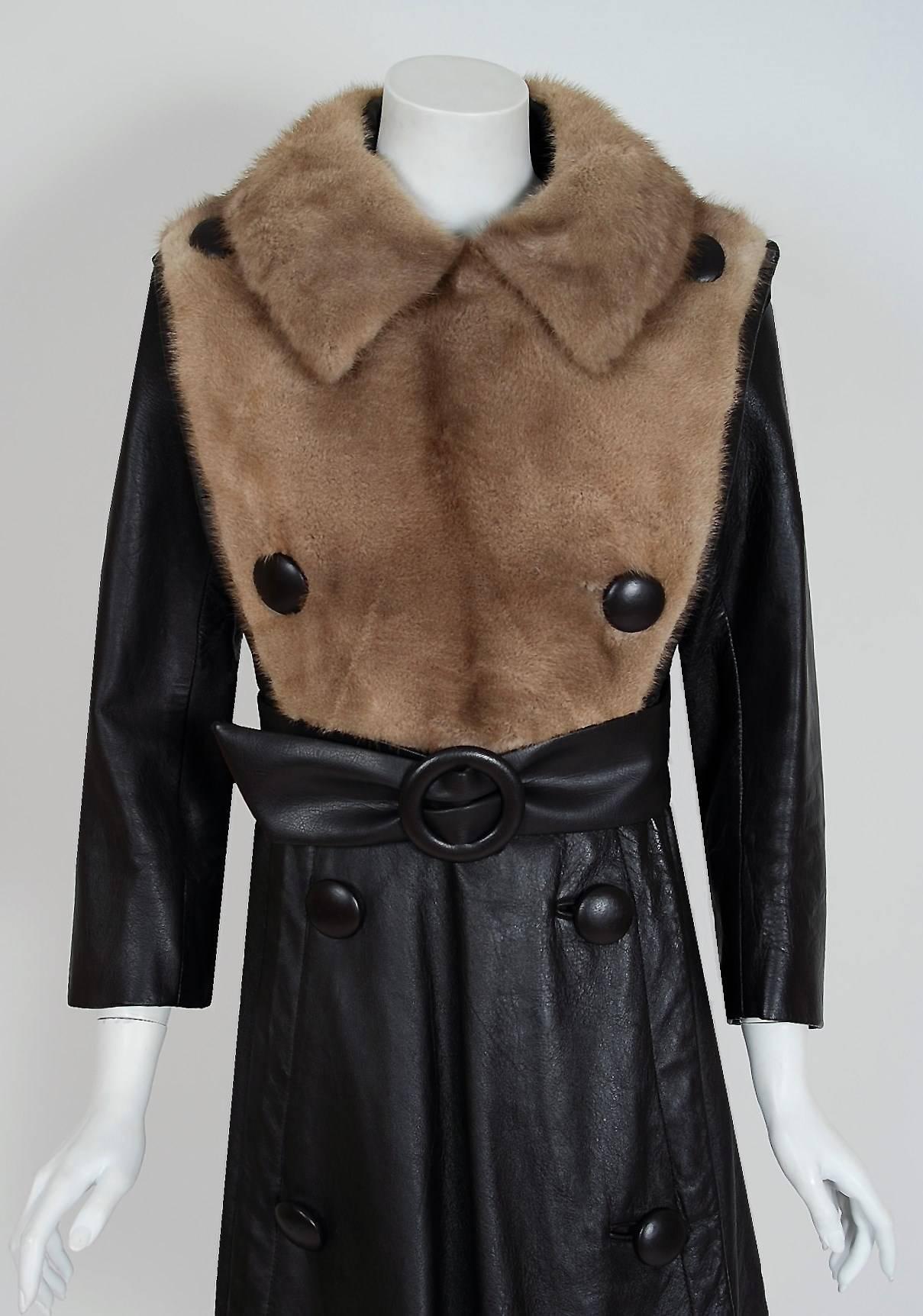 A stunning 1960's tailored coat in the most fabulous genuine mink-fur and leather combination! The beautiful dark chocolate-brown color is perfect for the upcoming season. I love the military inspired double-breasted design and oversized collar.