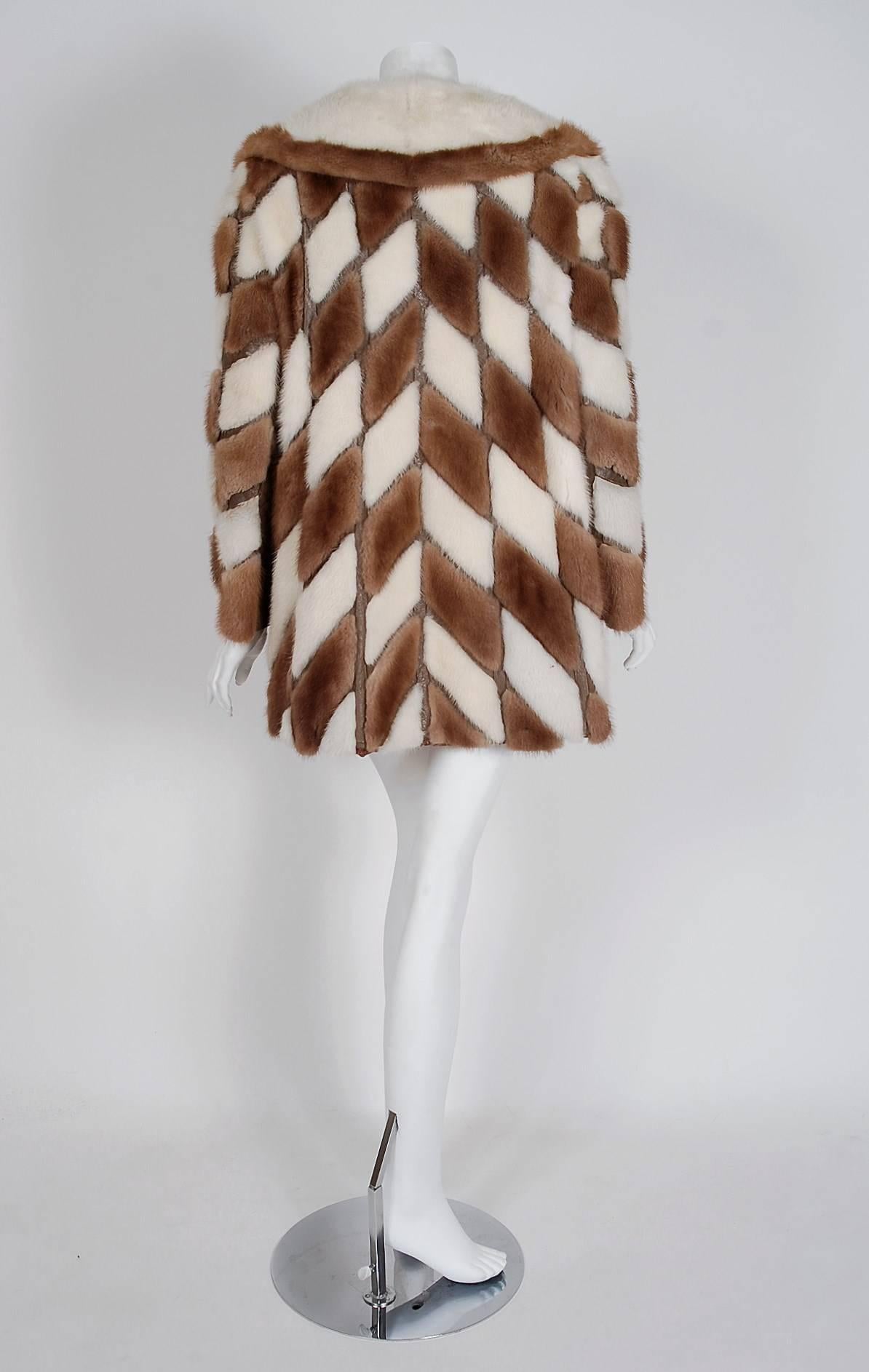 Women's 1960's Gorgeous Ivory-White & Brown Patchwork Mink-Fur Leather Belted Jacket 