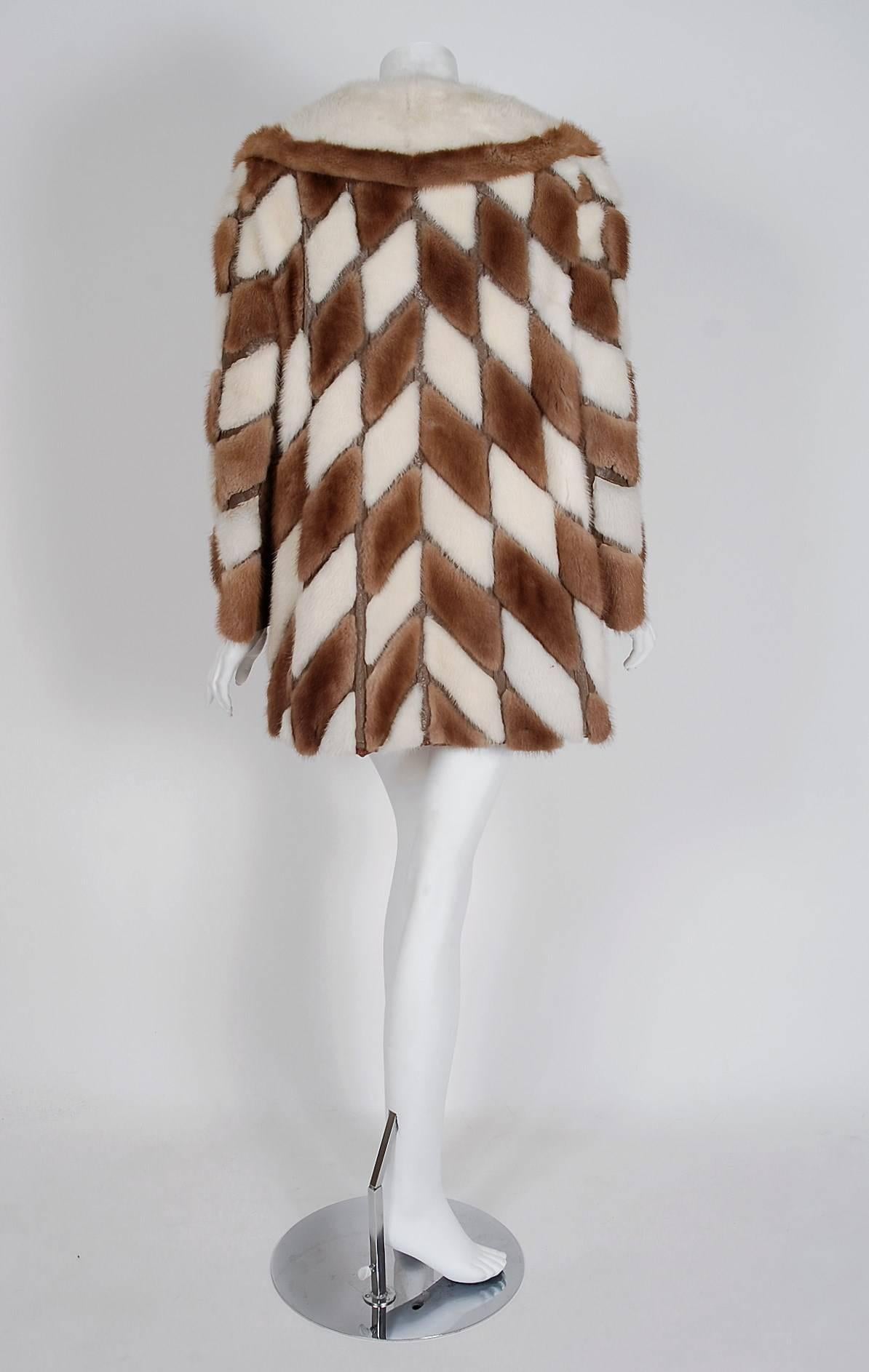 Women's 1960's Gorgeous Ivory-White & Brown Patchwork Mink-Fur Leather Belted Jacket