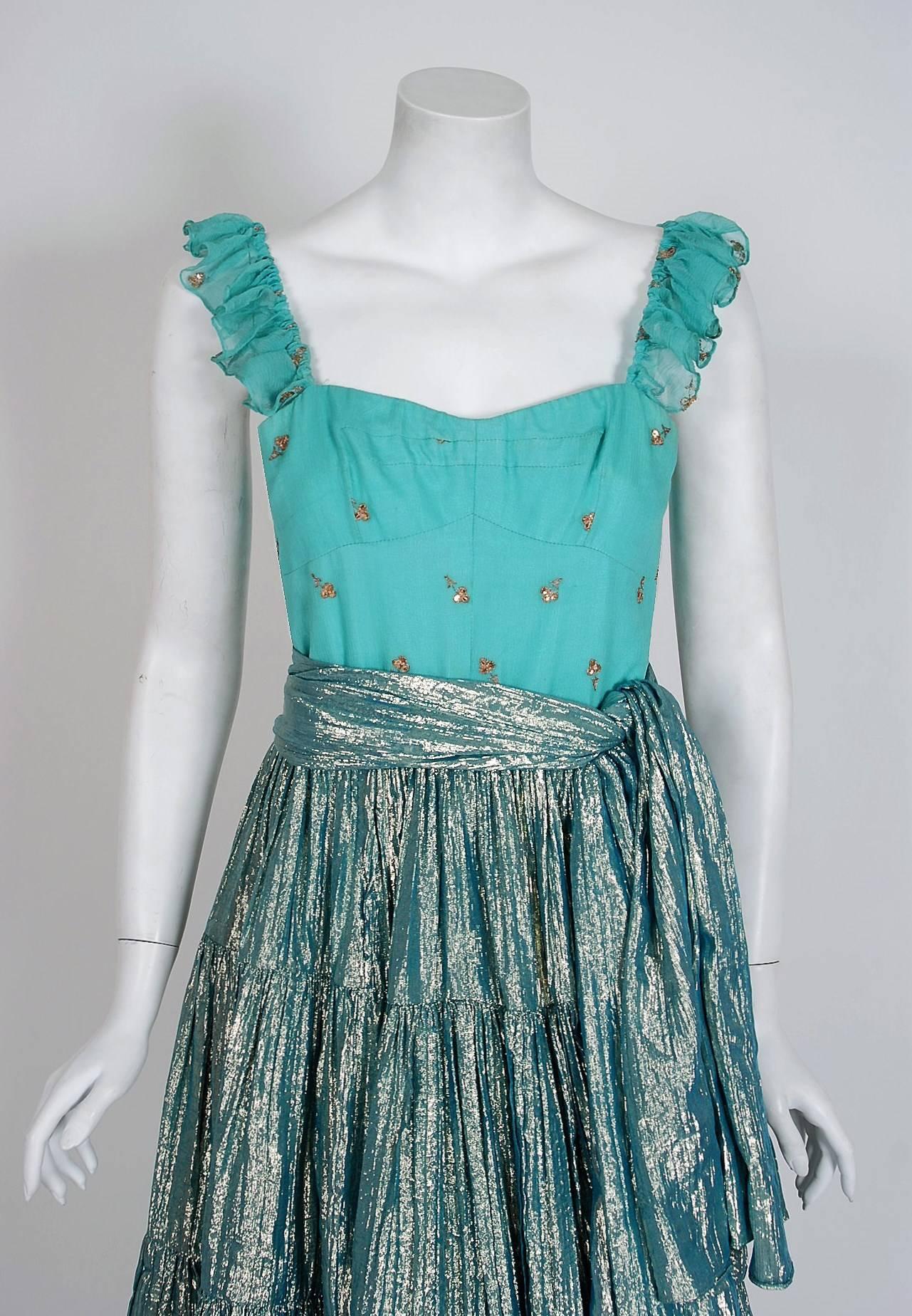 Blue 1977 Thea Porter Couture Metallic Embroidered Silk Lamé Gypsy Dress & Jacket