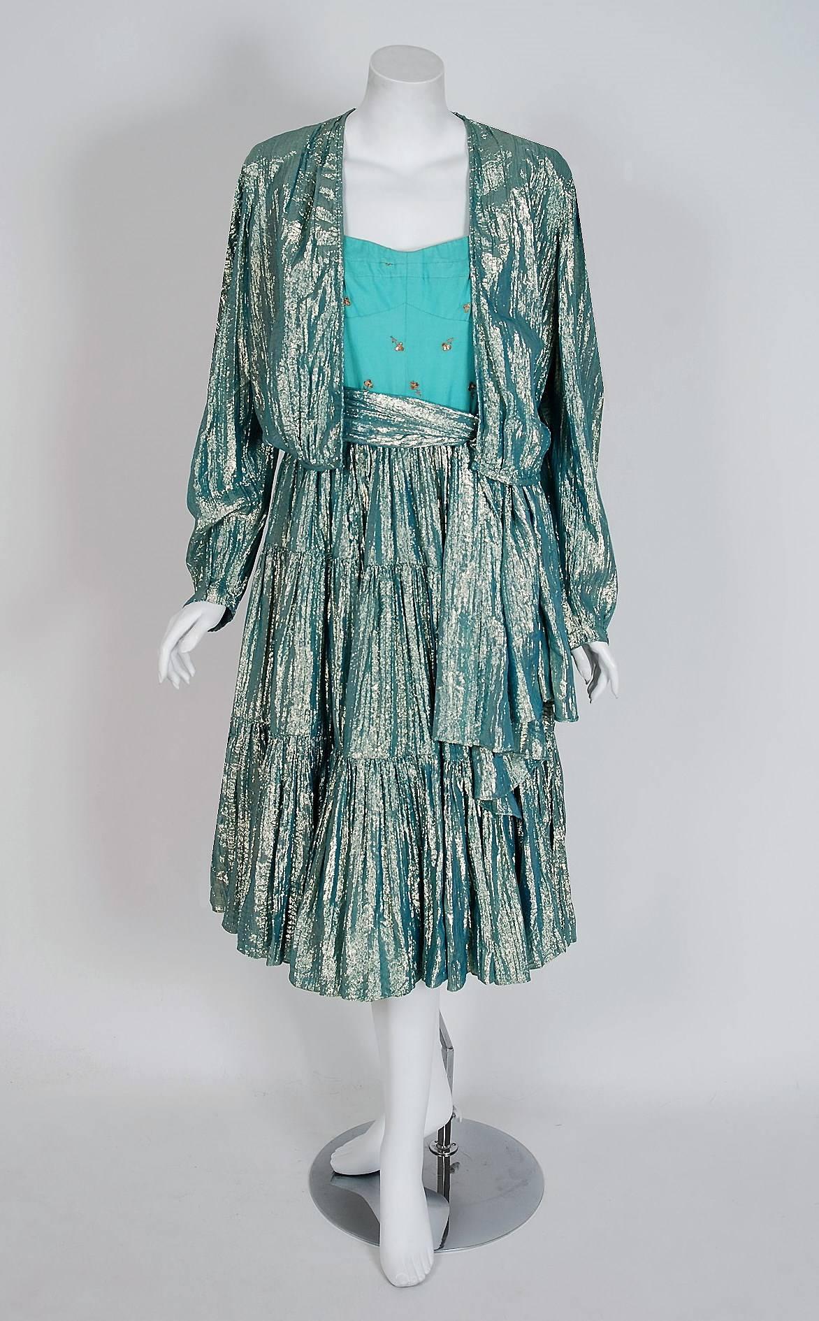 1977 Thea Porter Couture Metallic Embroidered Silk Lamé Gypsy Dress & Jacket Damen