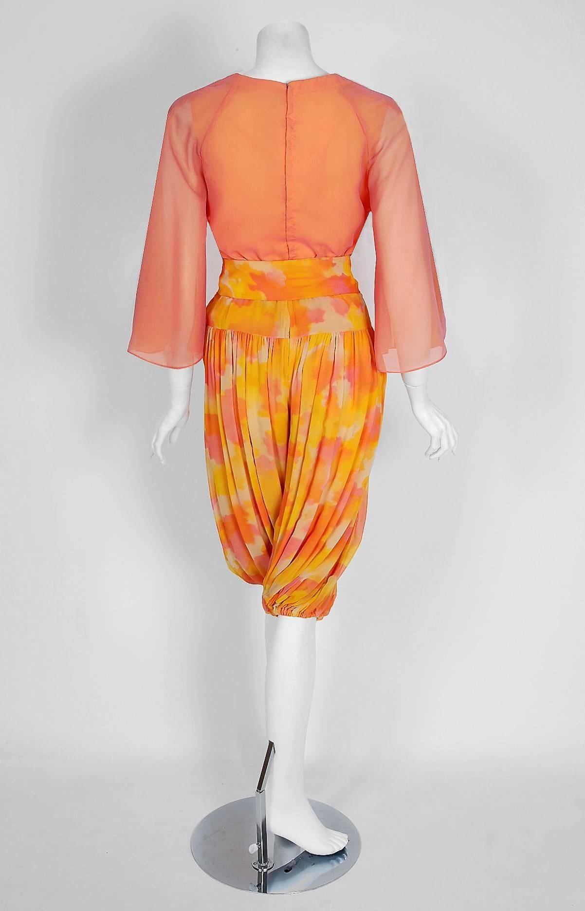 Women's Vintage 1968 Phyllis Diller Documented Pink Yellow Chiffon Harem Pants & Blouse